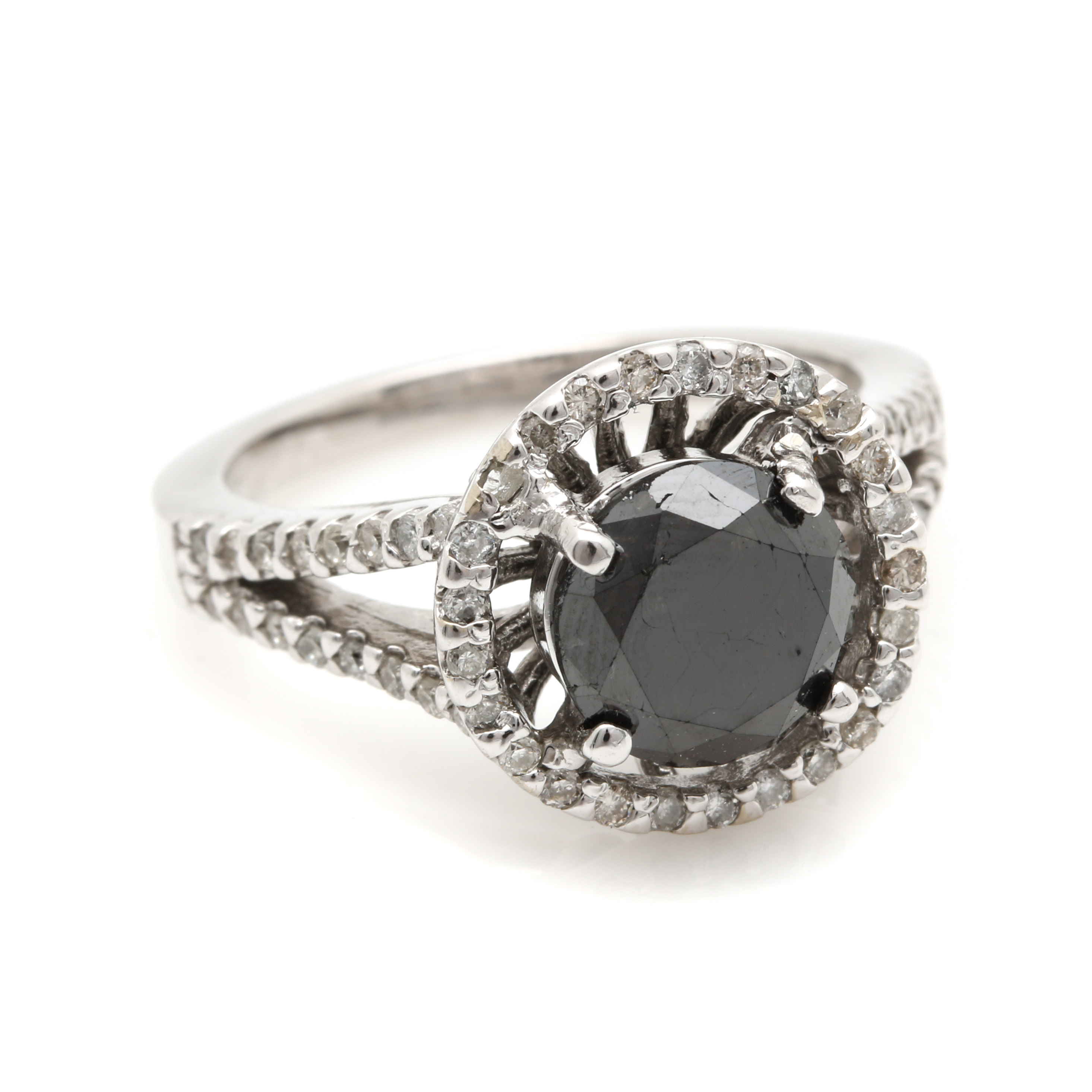 14K White Gold 2.03 CT Black Diamond and Diamond Ring