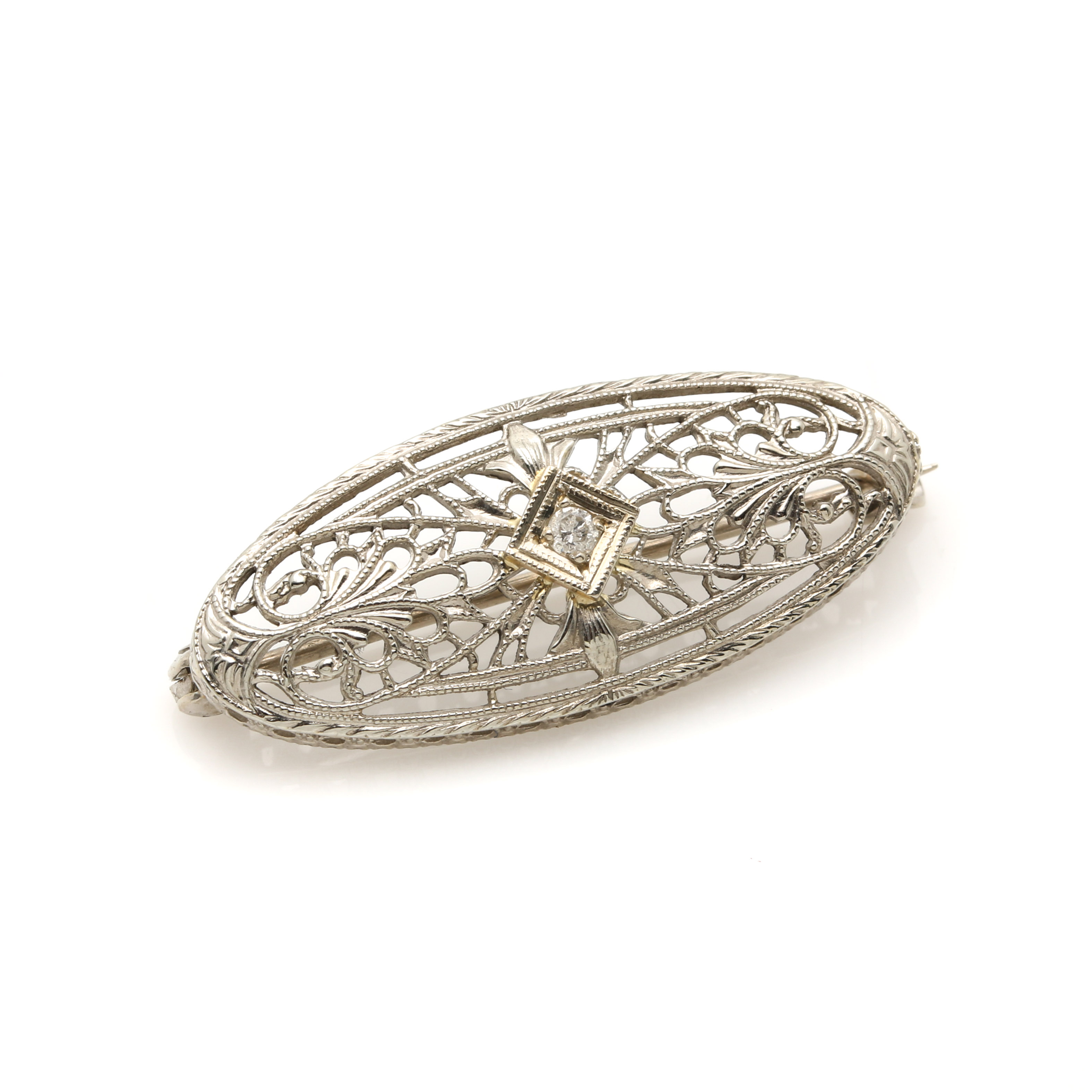 14K White Gold Diamond Filigree Brooch