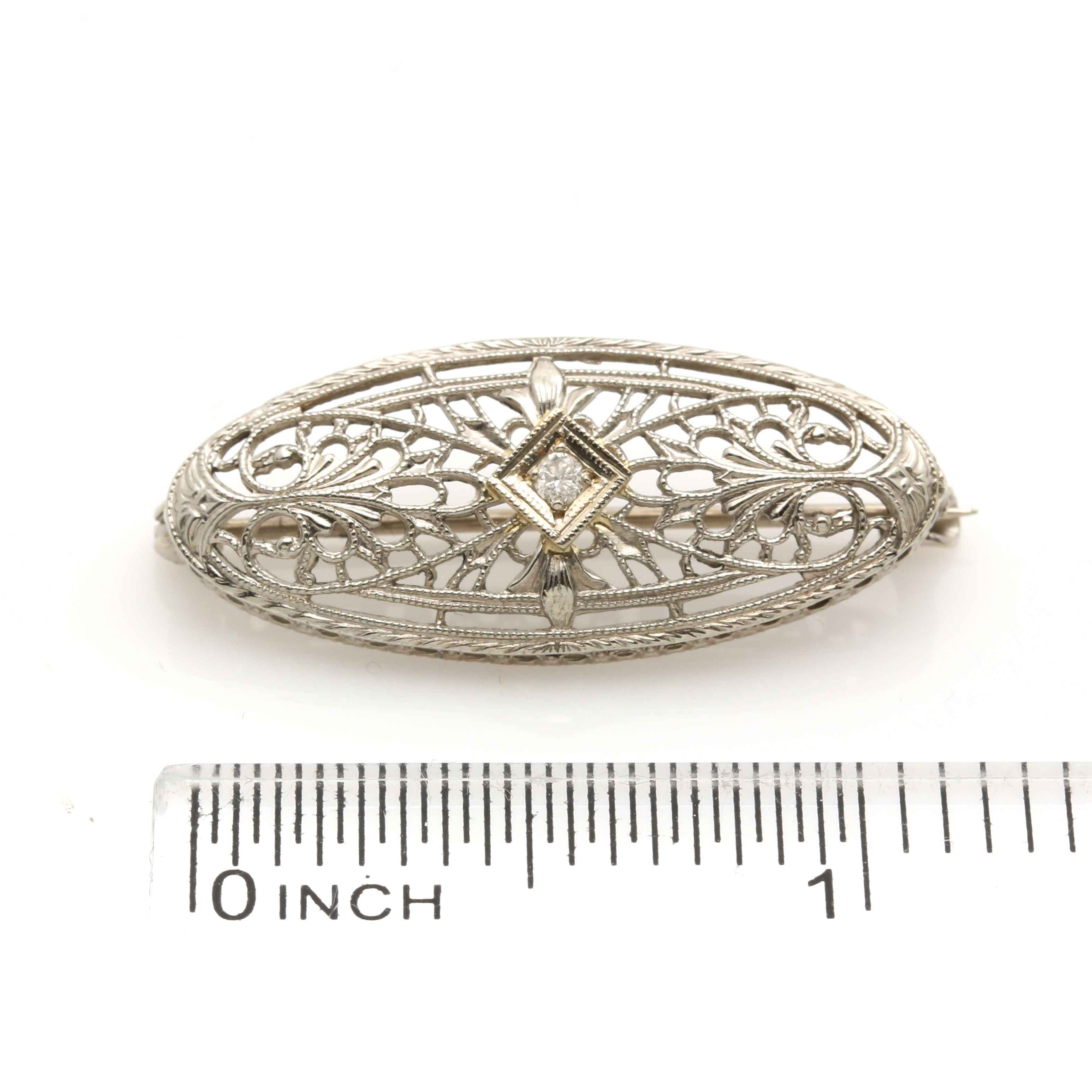 14K White Gold Diamond Filigree Brooch