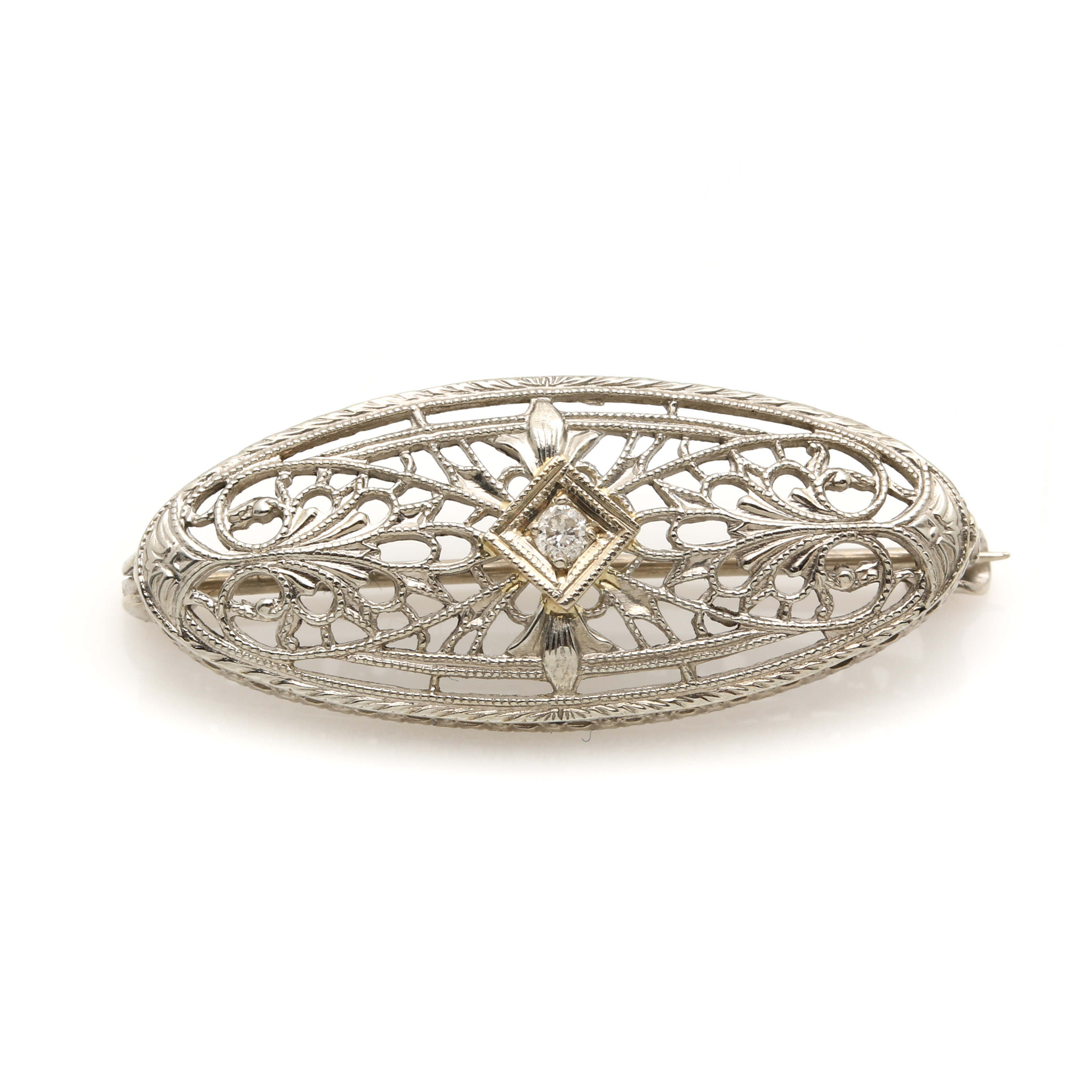 14K White Gold Diamond Filigree Brooch