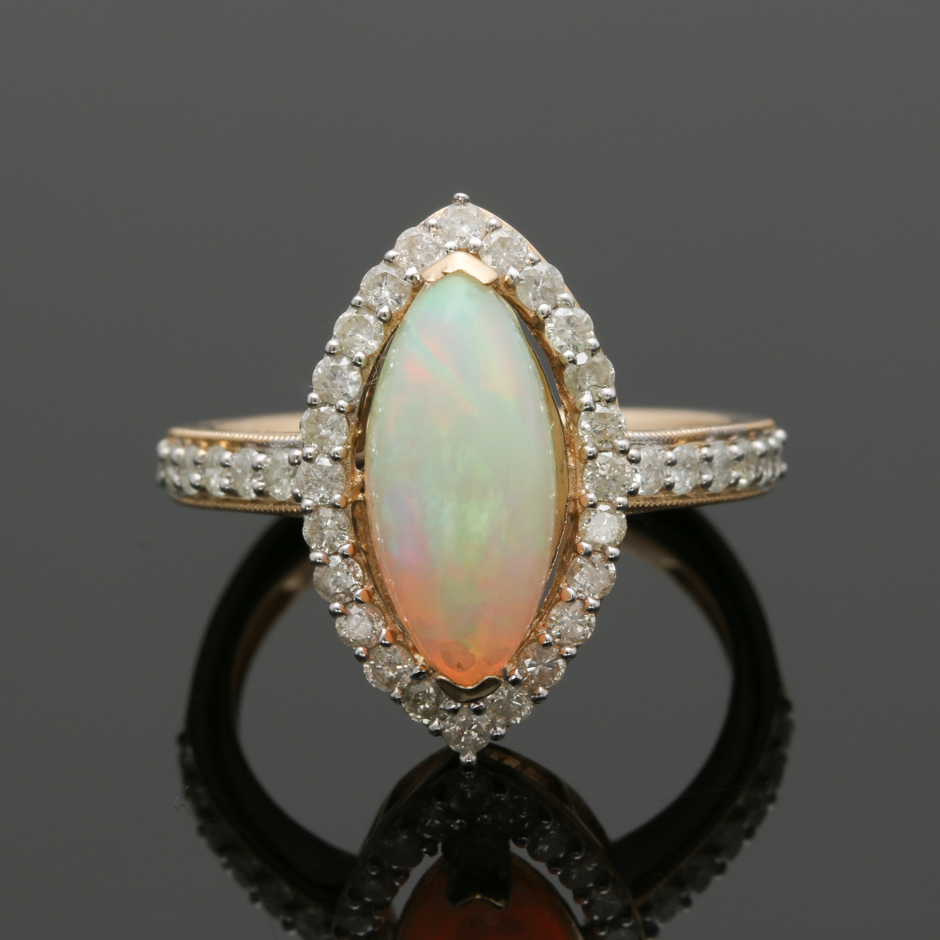 14K Yellow Gold Opal and Diamond Ring Hallmarked Orianne