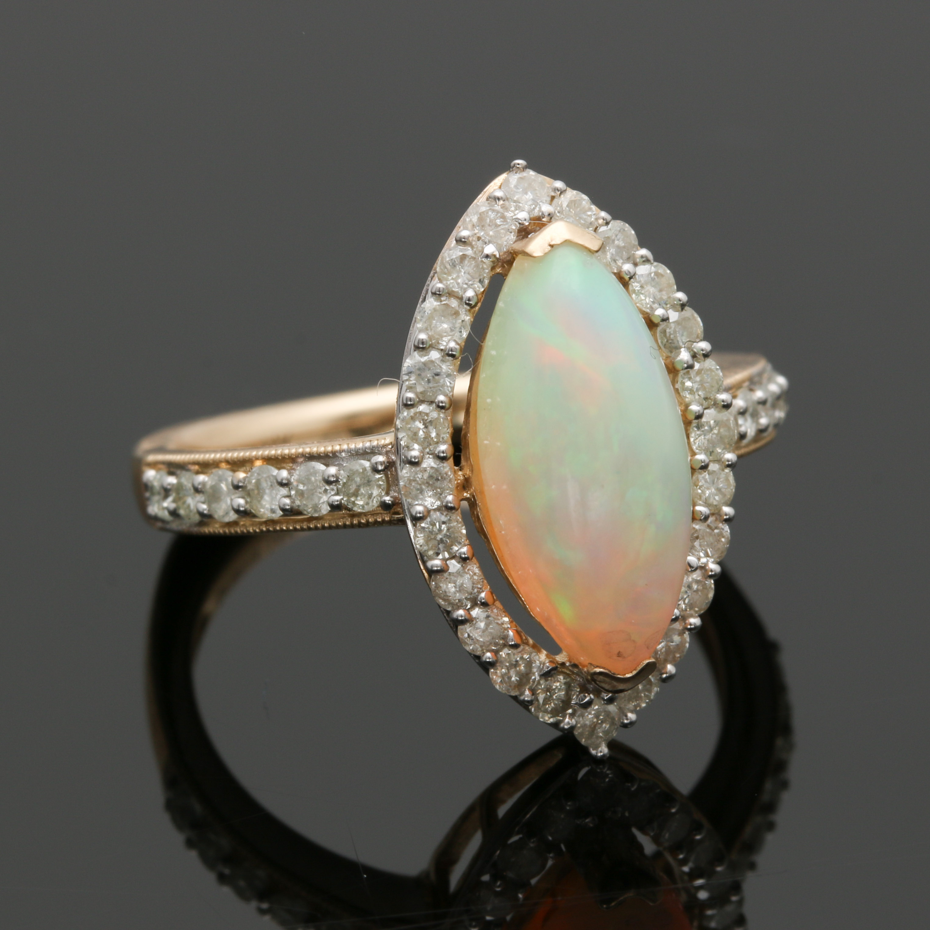 14K Yellow Gold Opal and Diamond Ring Hallmarked Orianne