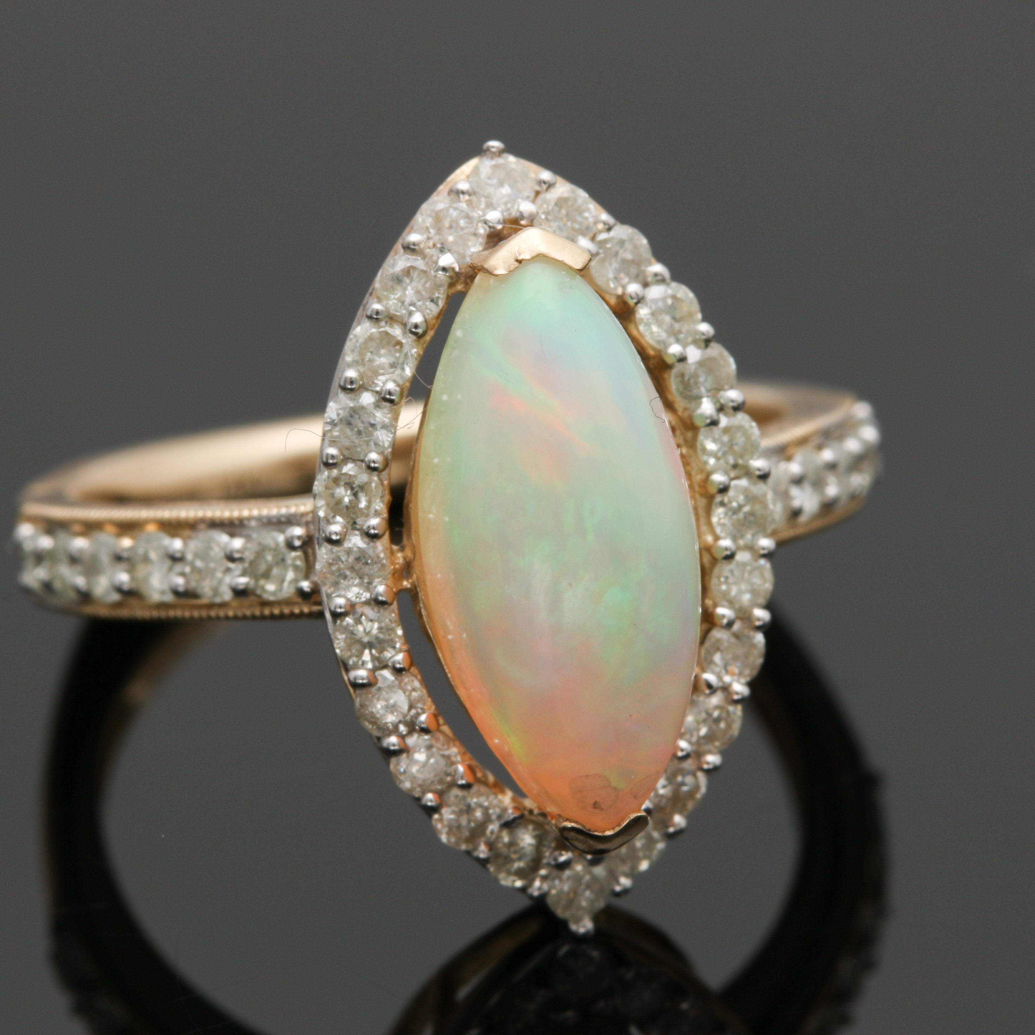 14K Yellow Gold Opal and Diamond Ring Hallmarked Orianne