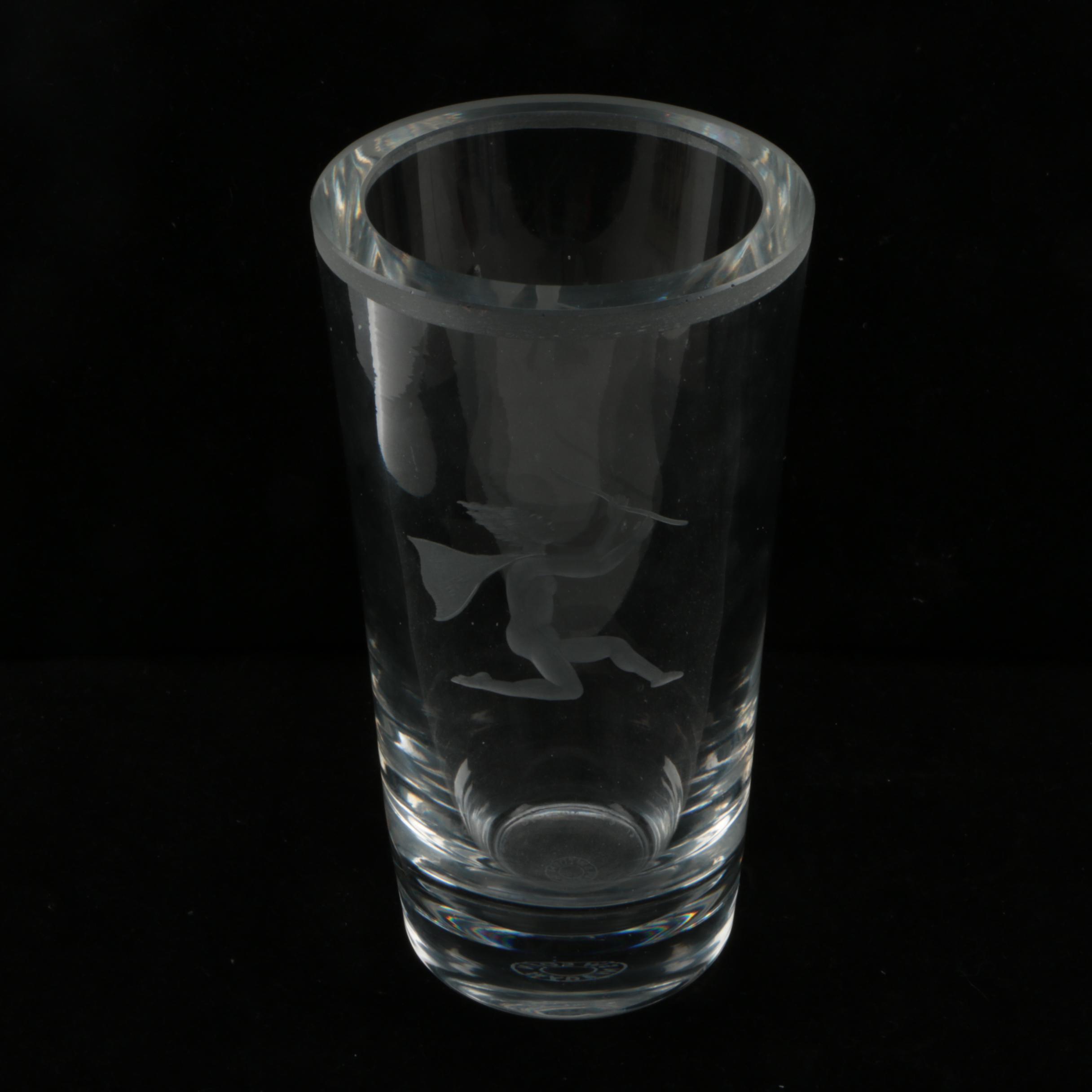 Signed Swedish Etched Crystal Deco Figural Vase