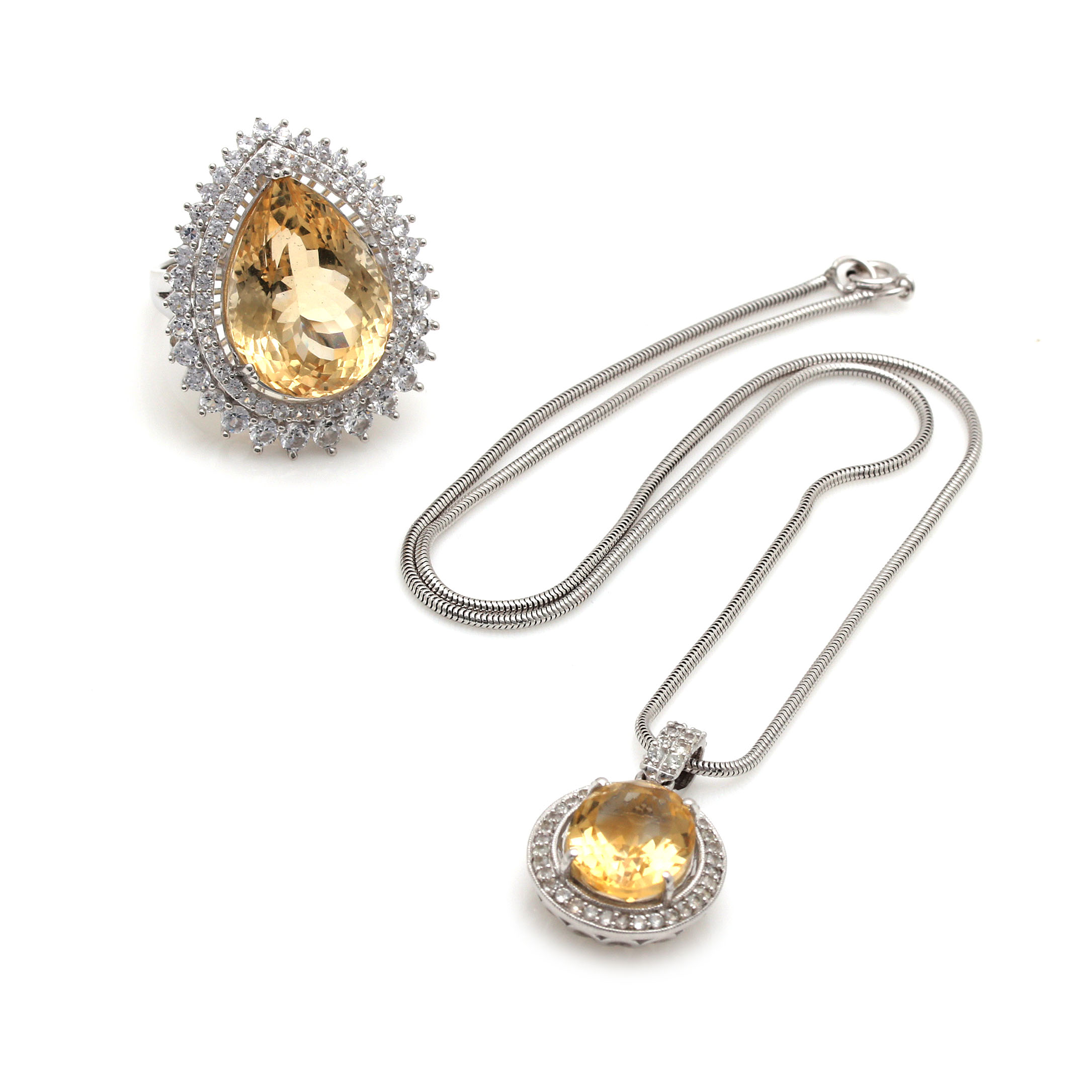 Orianne Sterling Silver Citrine and White Topaz Ring and Necklace