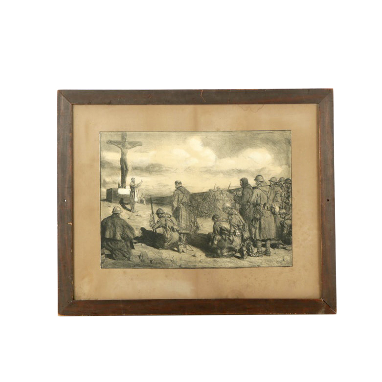 Early 20th-Century Lithograph on Paper of World War I Soldiers Praying