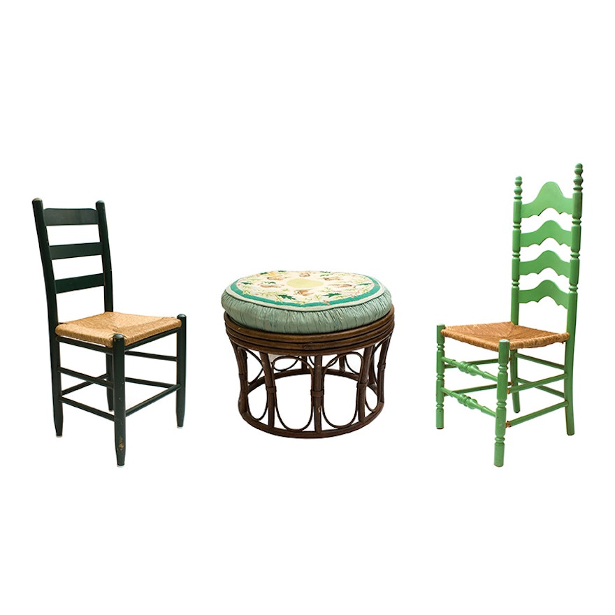 Vintage Farmhouse Chairs and Needlepoint Stool