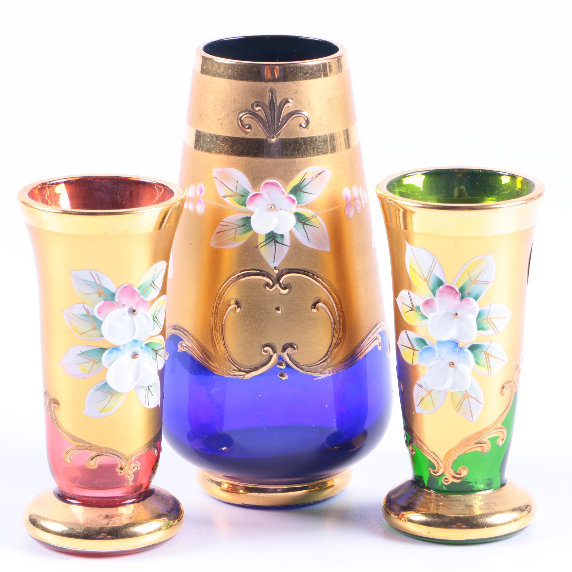 Bohemian Gold Encrusted and Colorful Glass Barware and Vase