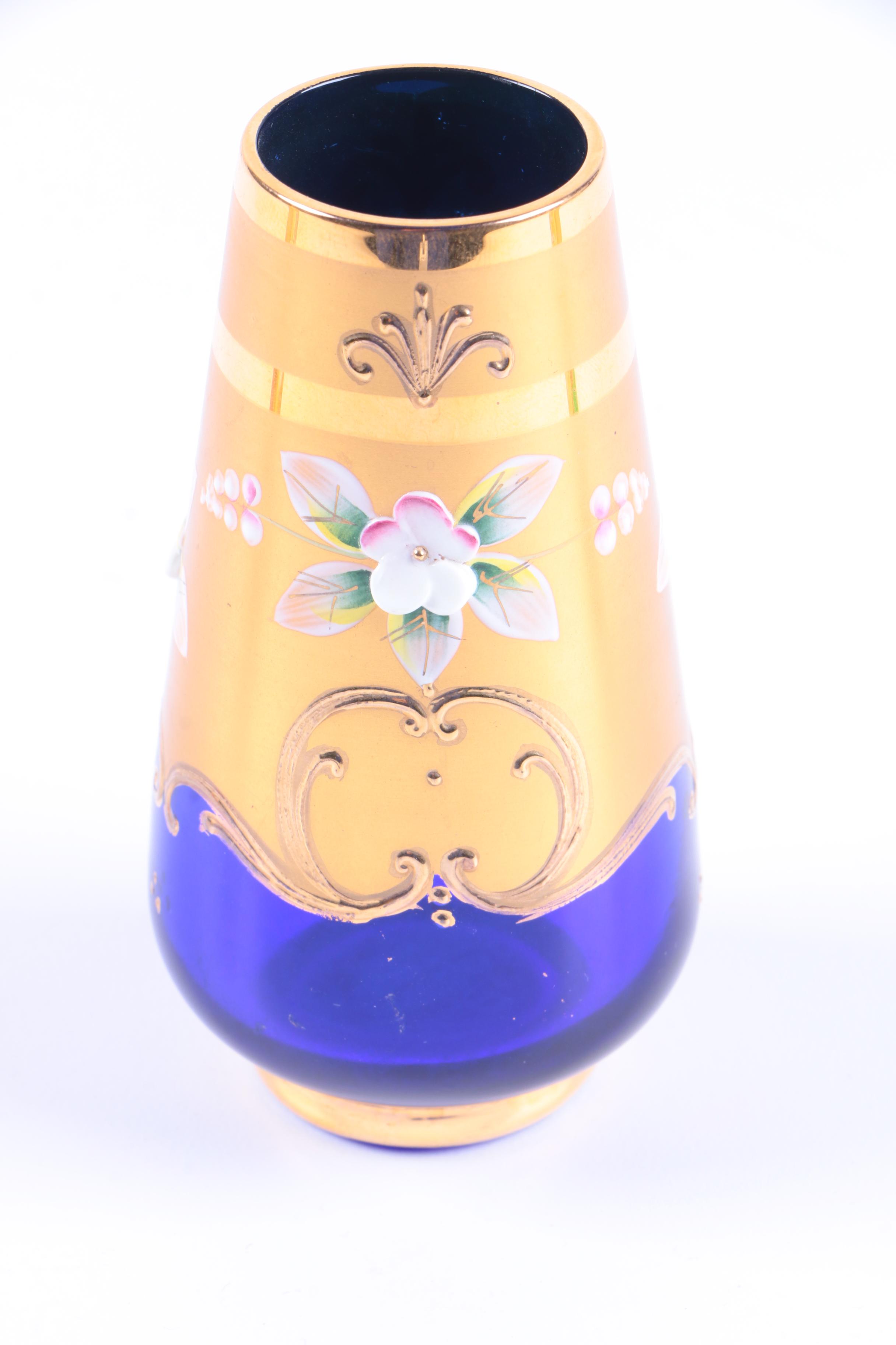 Bohemian Gold Encrusted and Colorful Glass Barware and Vase