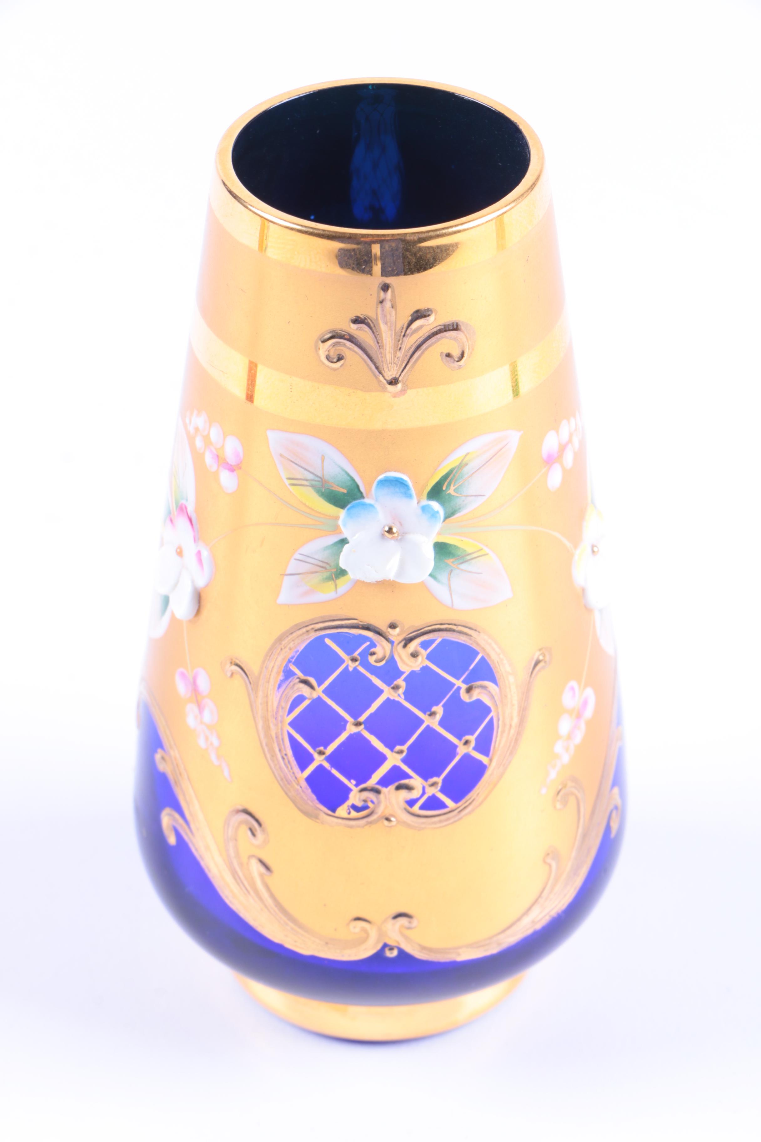 Bohemian Gold Encrusted and Colorful Glass Barware and Vase