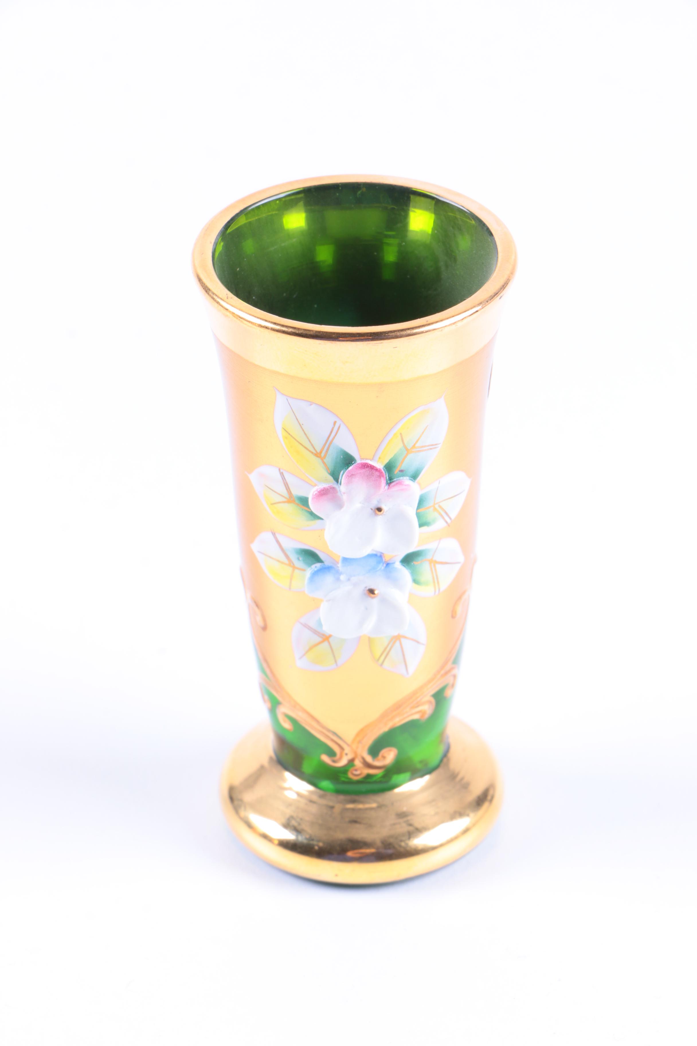 Bohemian Gold Encrusted and Colorful Glass Barware and Vase