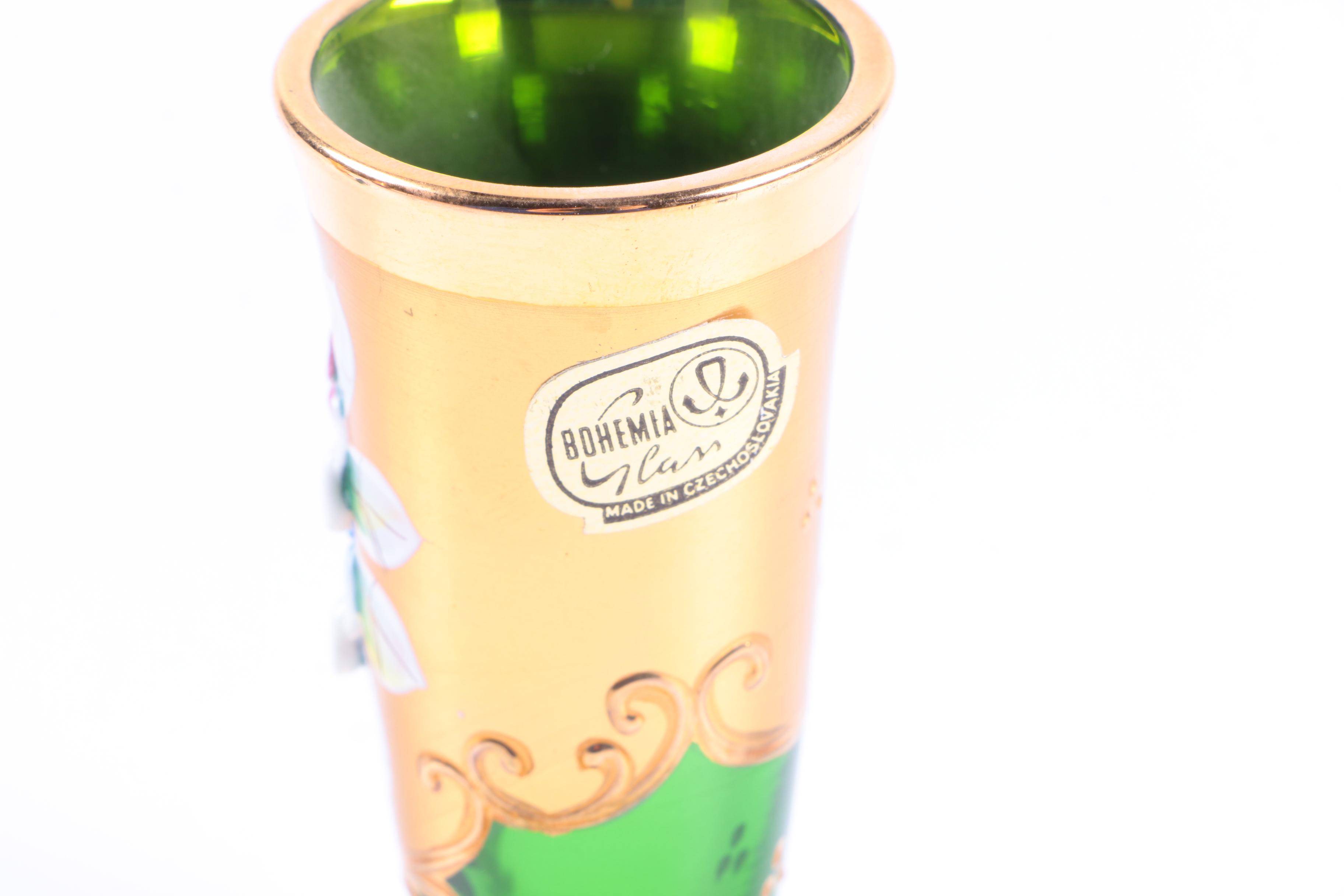 Bohemian Gold Encrusted and Colorful Glass Barware and Vase