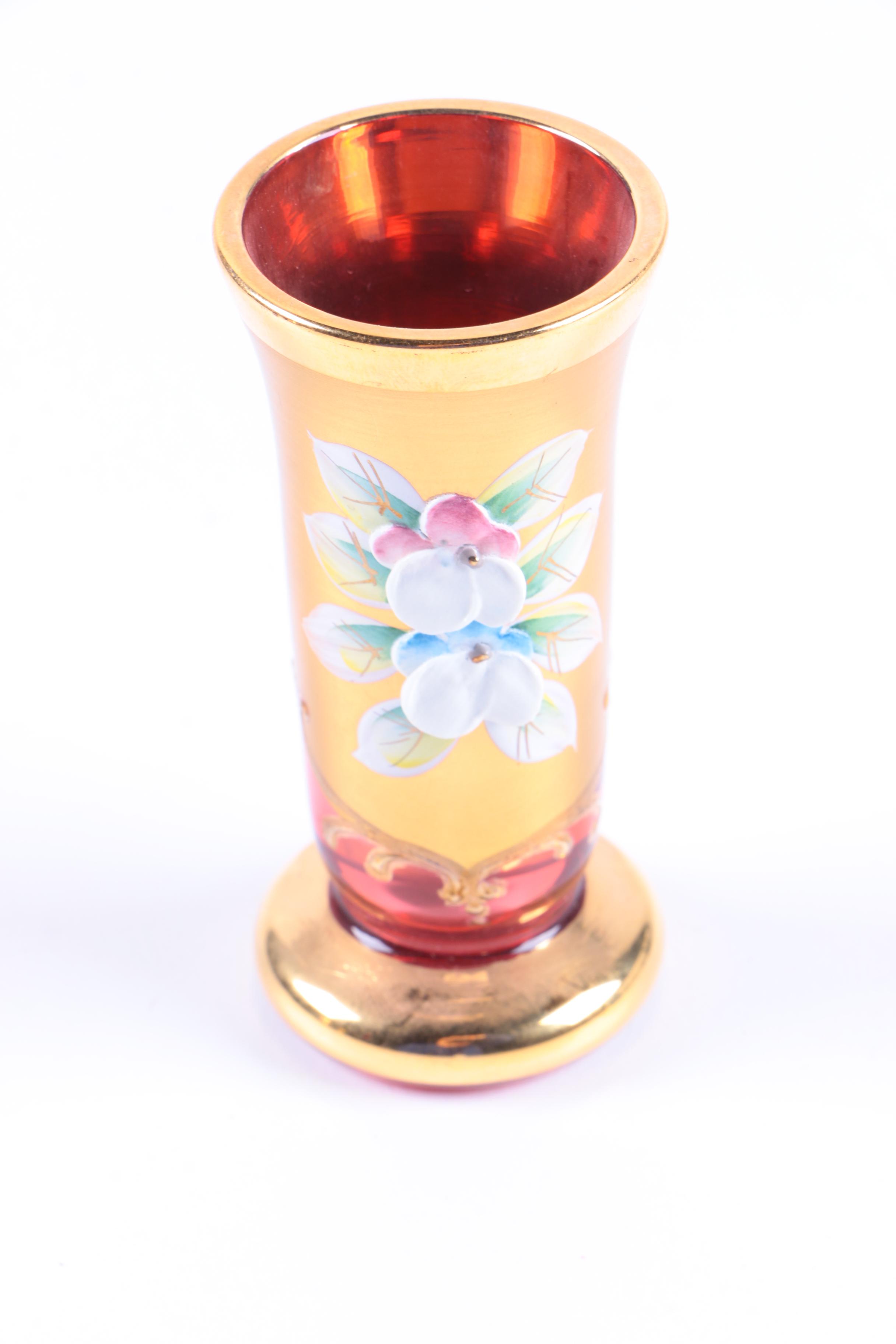 Bohemian Gold Encrusted and Colorful Glass Barware and Vase