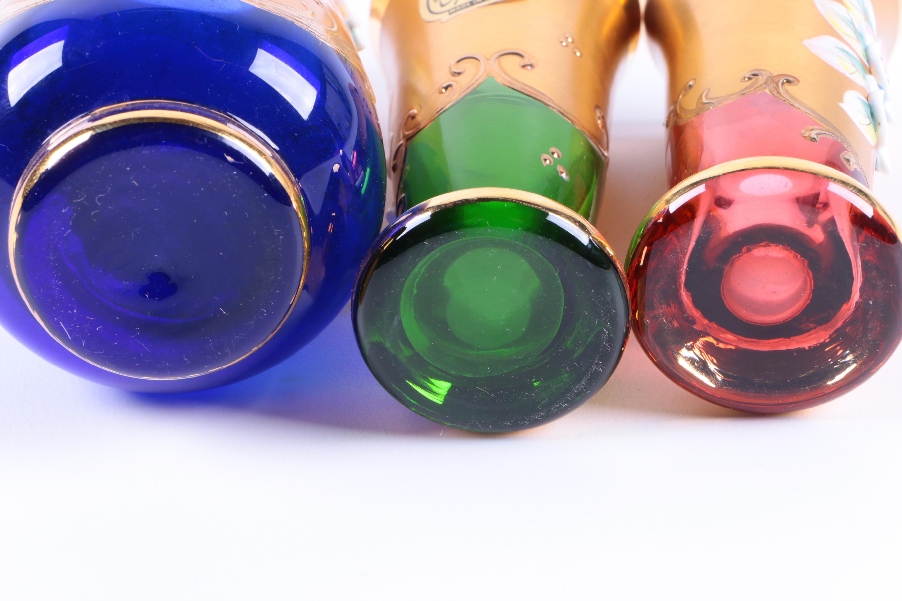 Bohemian Gold Encrusted and Colorful Glass Barware and Vase