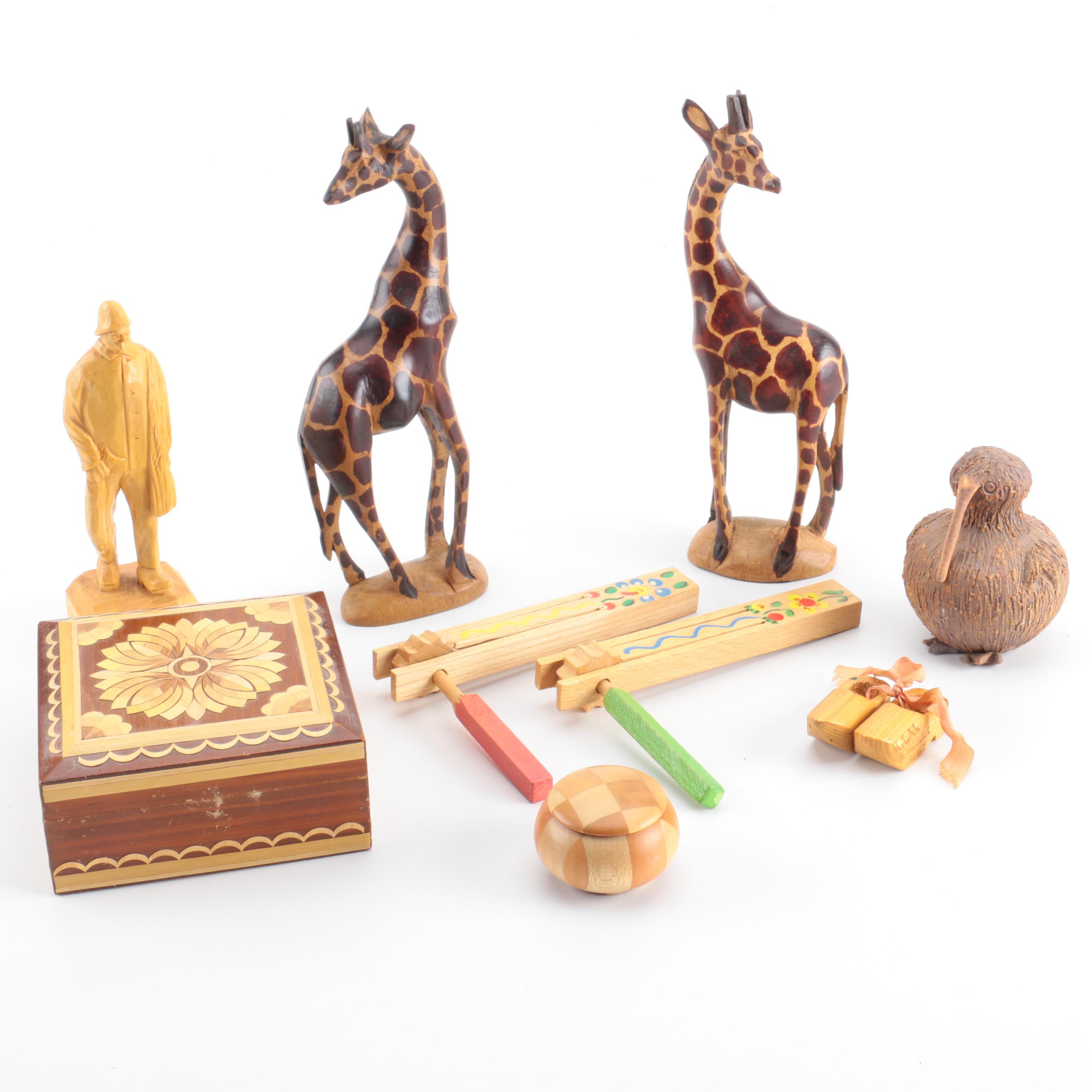Assortment of Carved Wood and Stoneware Collectibles