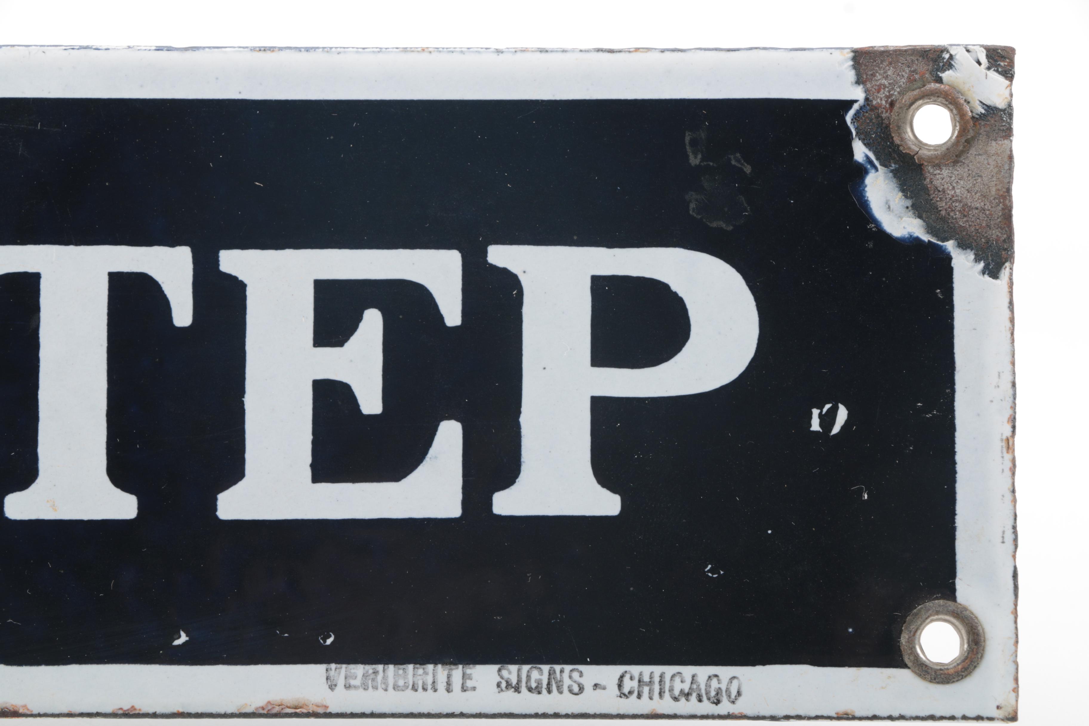 Vintage "Watch Your Step" Enameled Porcelain Sign