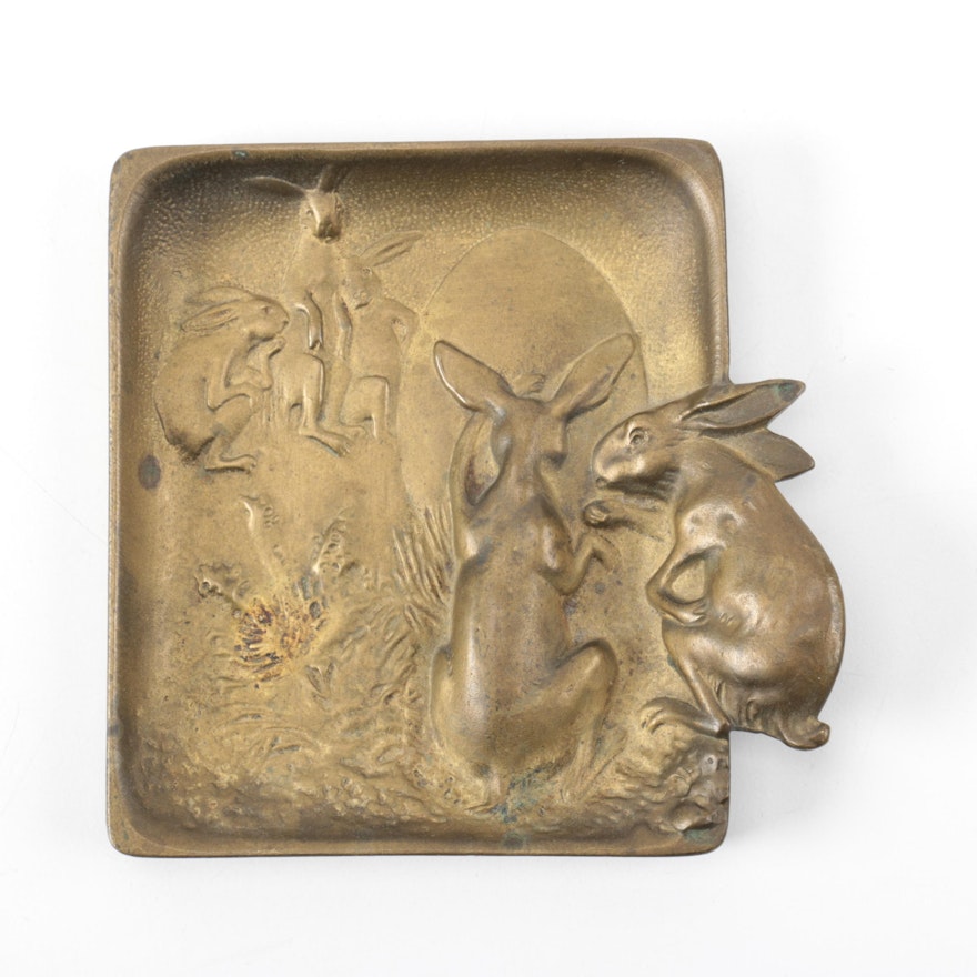 Bronze Art Nouveau Figural Rabbit Dish