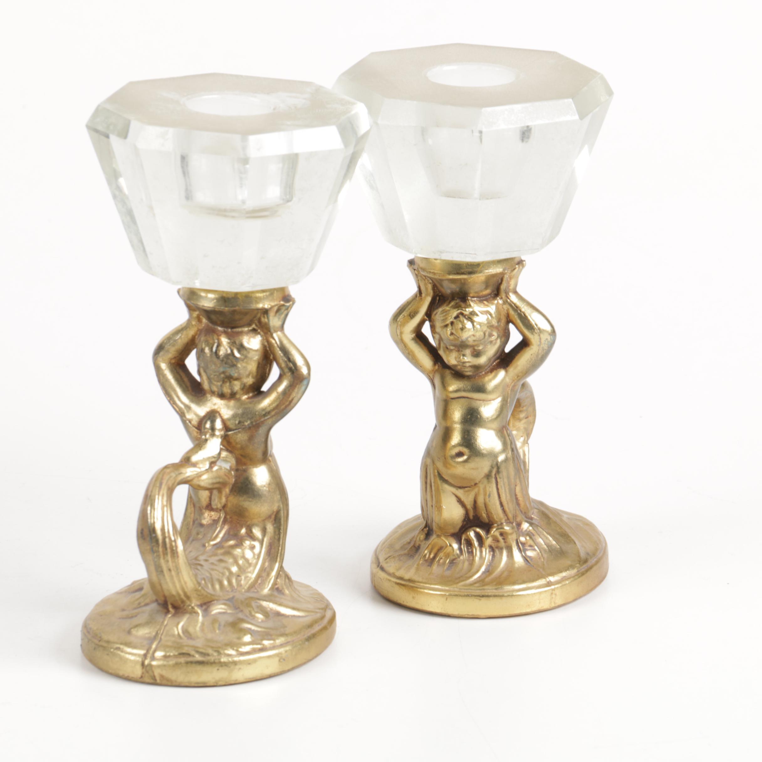 Crystal and Brass Cherub Mermaid Candleholders