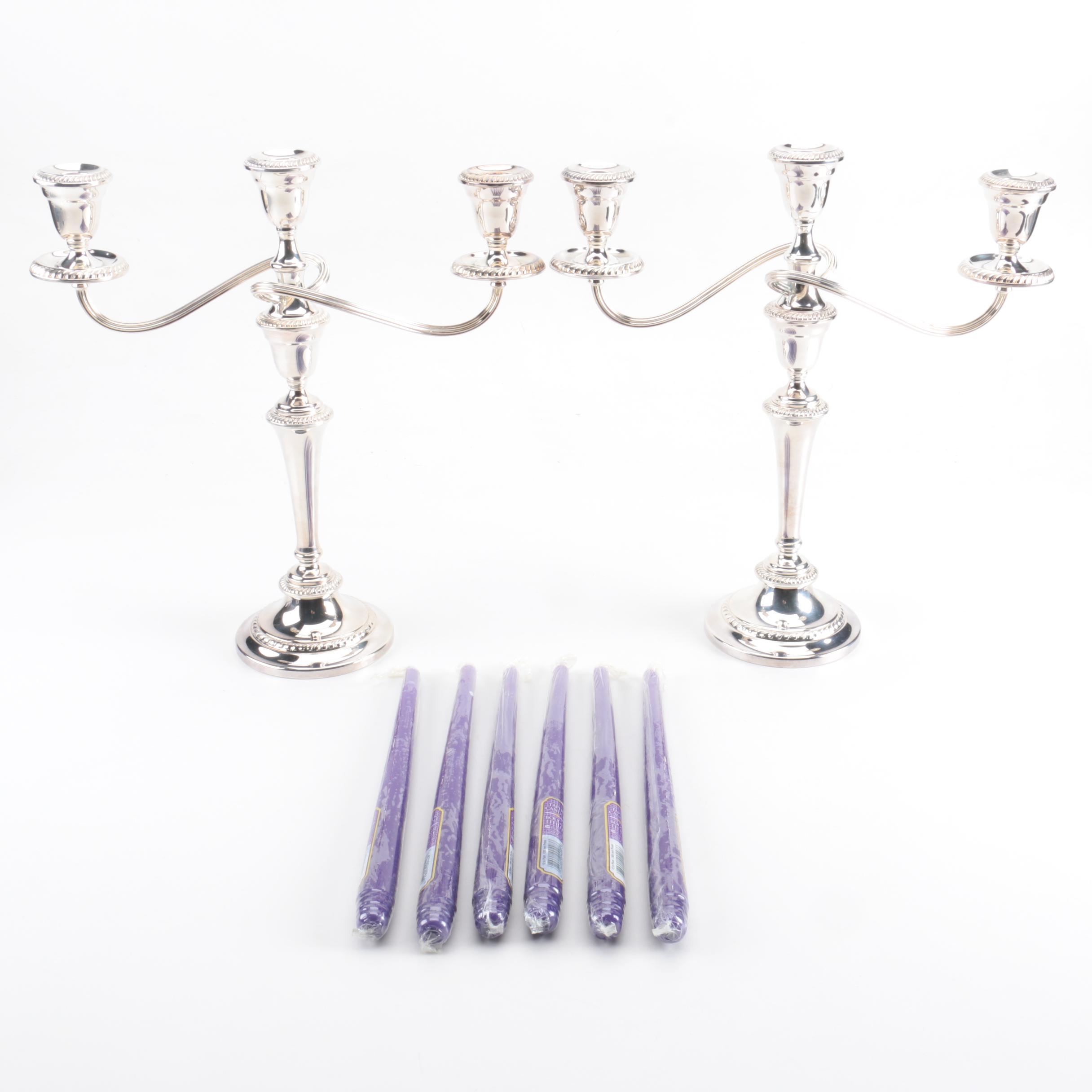 Gorham Silver Plate Candelabra Pair with Purple Wax Candlesticks