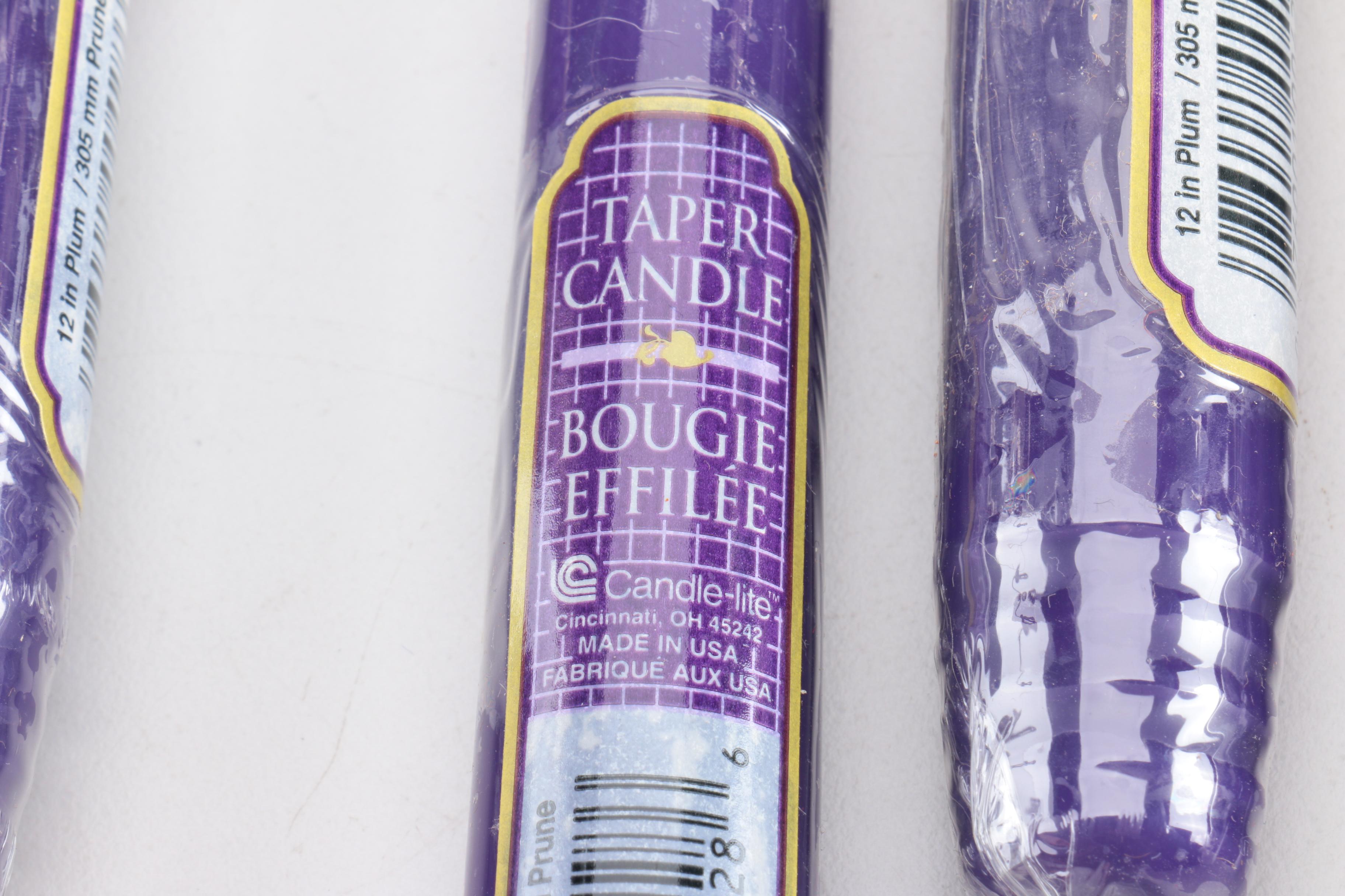 Gorham Silver Plate Candelabra Pair with Purple Wax Candlesticks