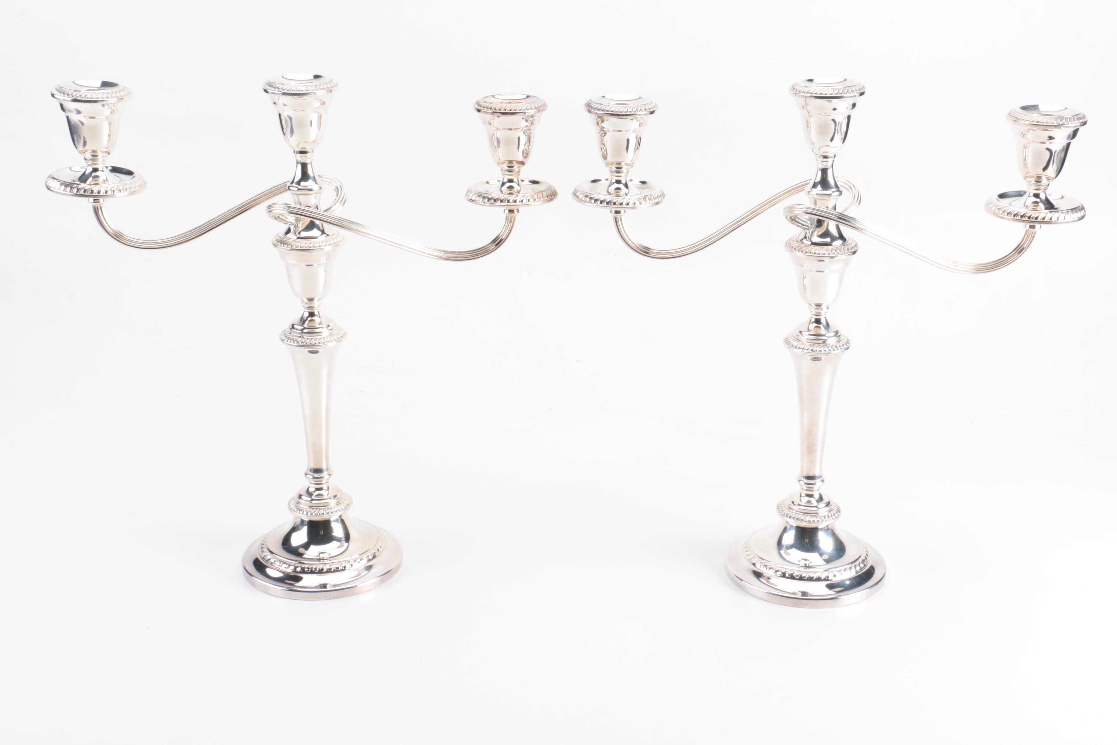 Gorham Silver Plate Candelabra Pair with Purple Wax Candlesticks