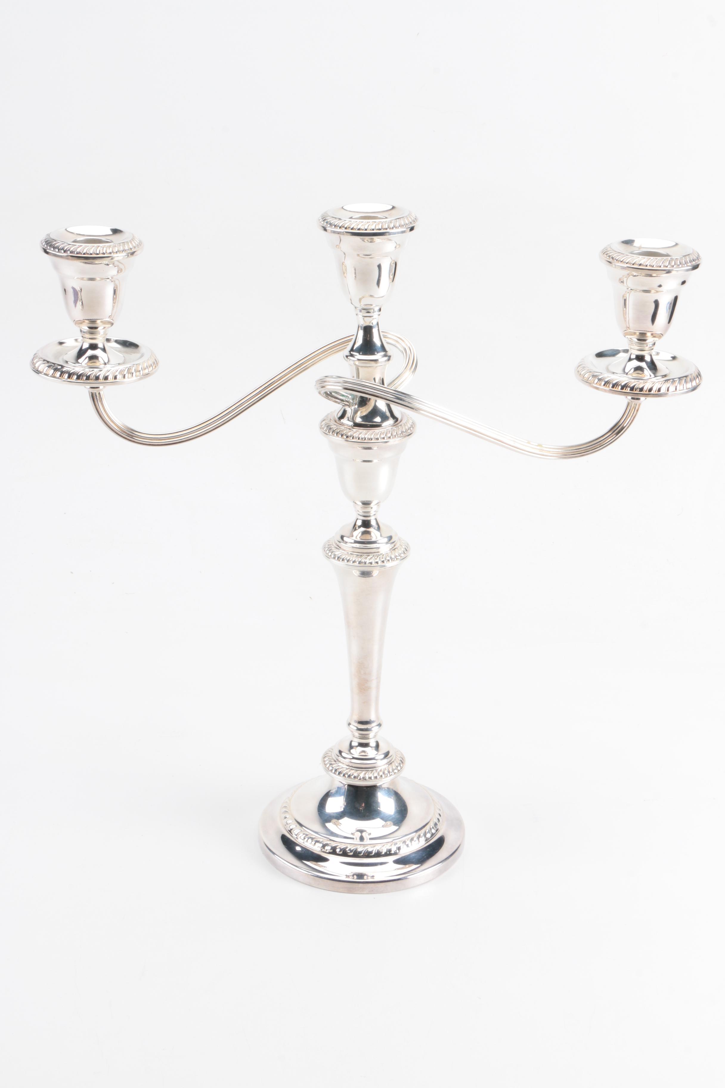 Gorham Silver Plate Candelabra Pair with Purple Wax Candlesticks