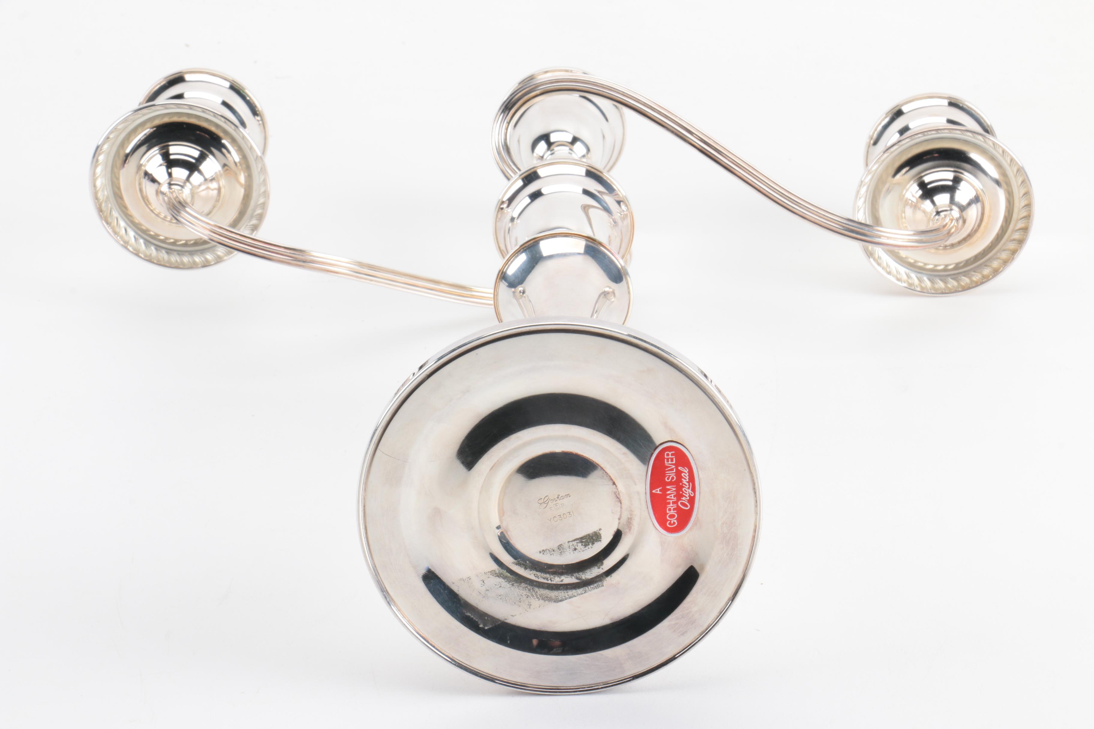 Gorham Silver Plate Candelabra Pair with Purple Wax Candlesticks