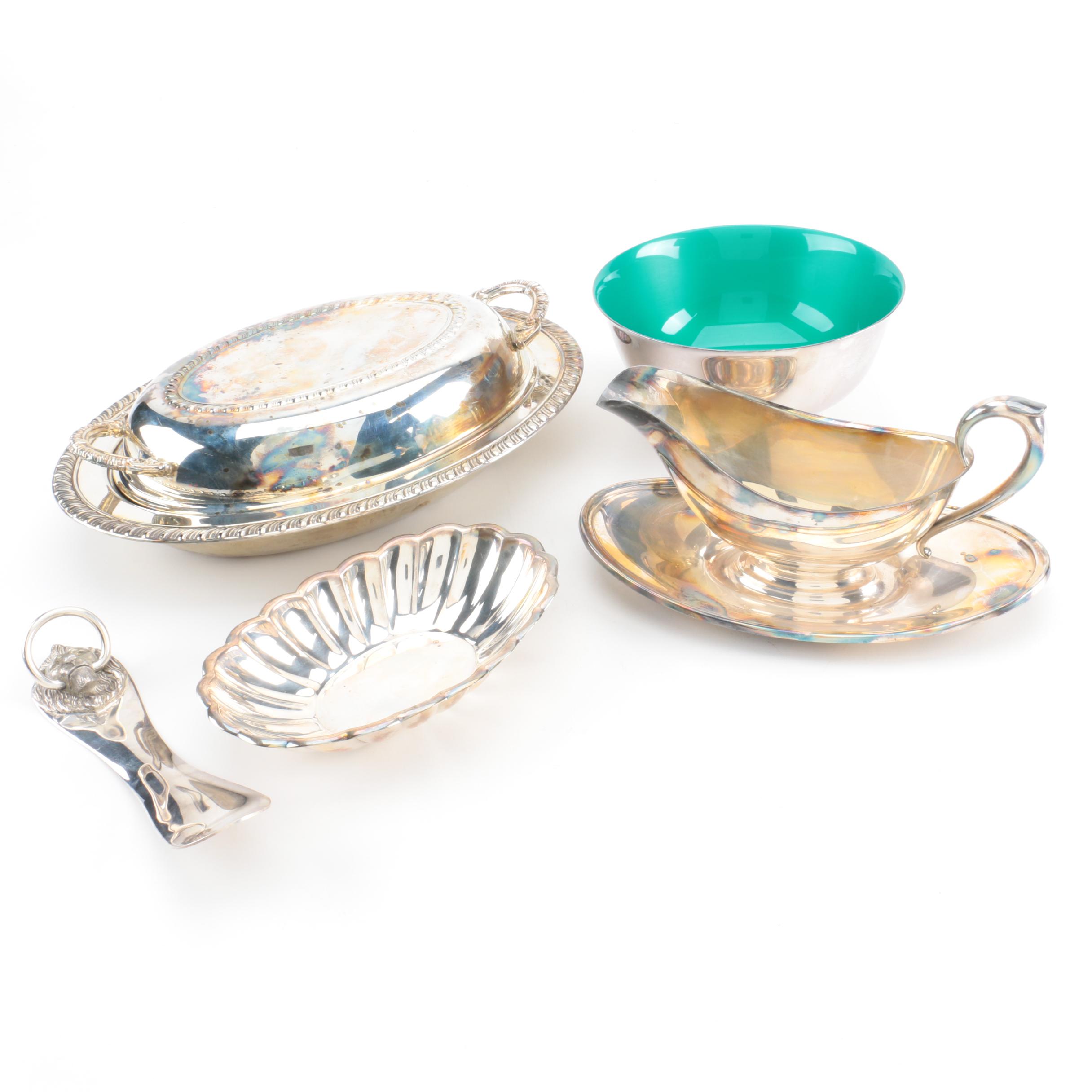 Reed & Barton Silver Plate and Enamel Paul Revere Style Bowl and Other Tableware