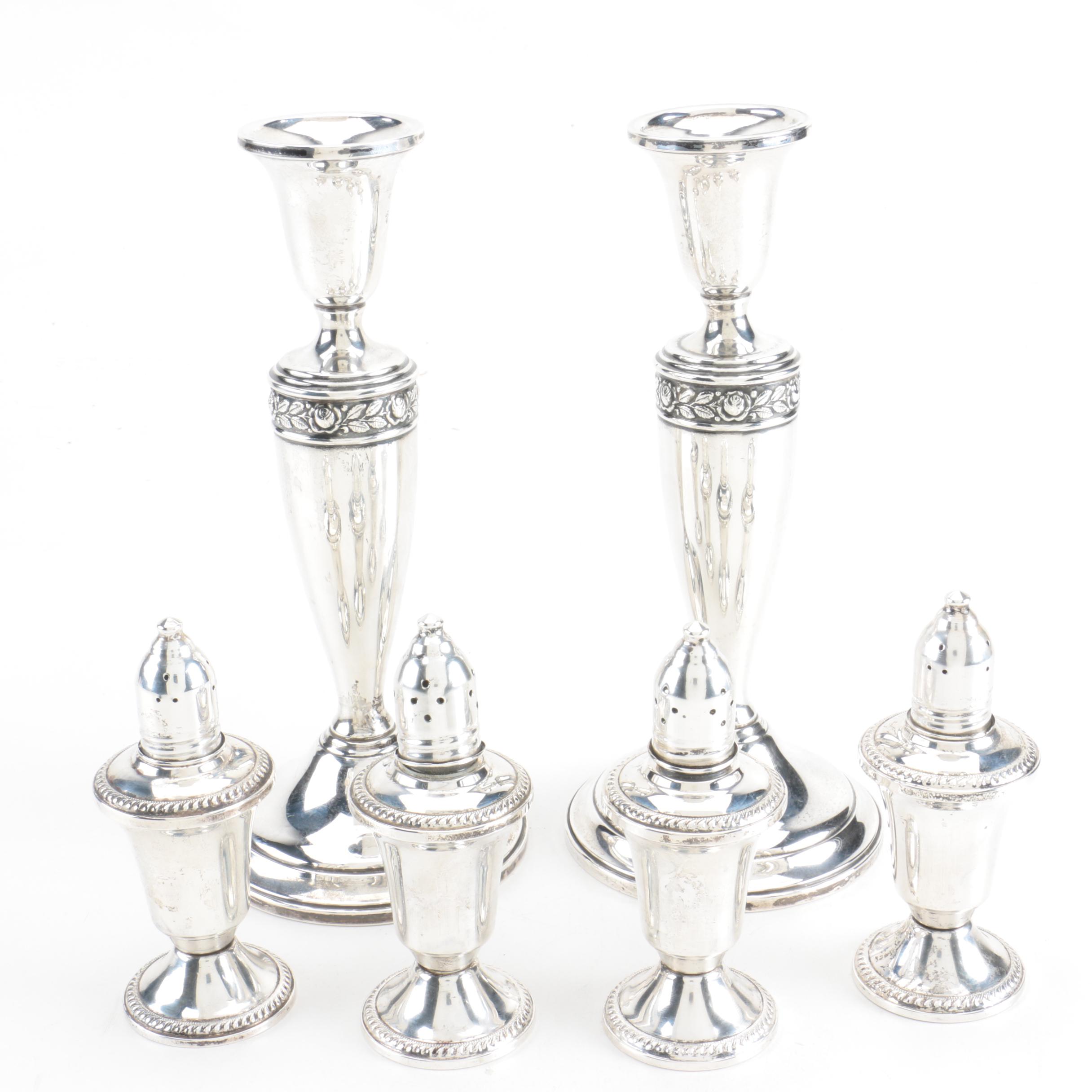 Mueck-Carey Co. and Duchin Weighted Sterling Candlesticks and Condiment Shakers