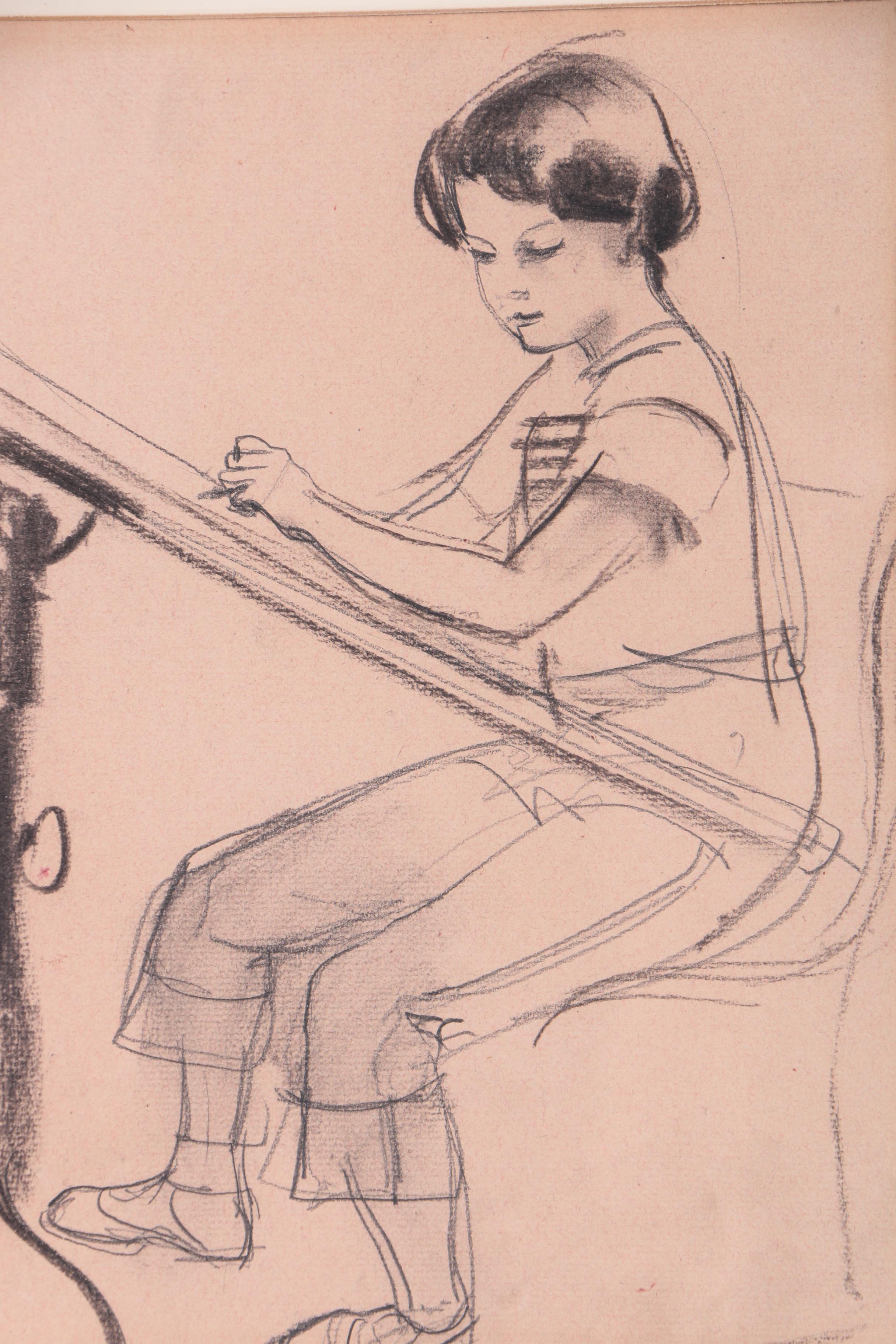 1954 Charcoal Drawing on Paper "Sandy Sketching" Attributed to Albert Wasserman