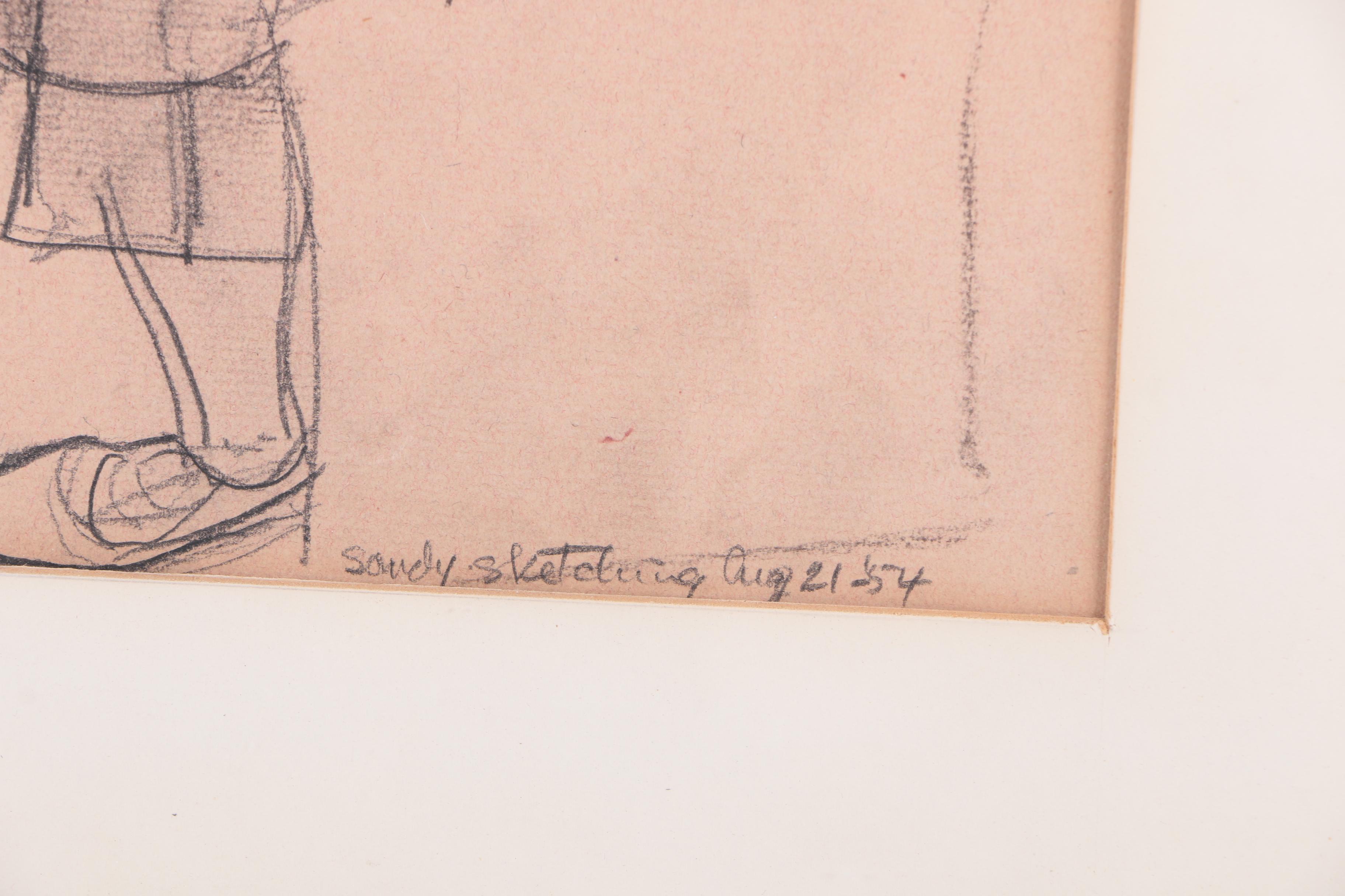 1954 Charcoal Drawing on Paper "Sandy Sketching" Attributed to Albert Wasserman