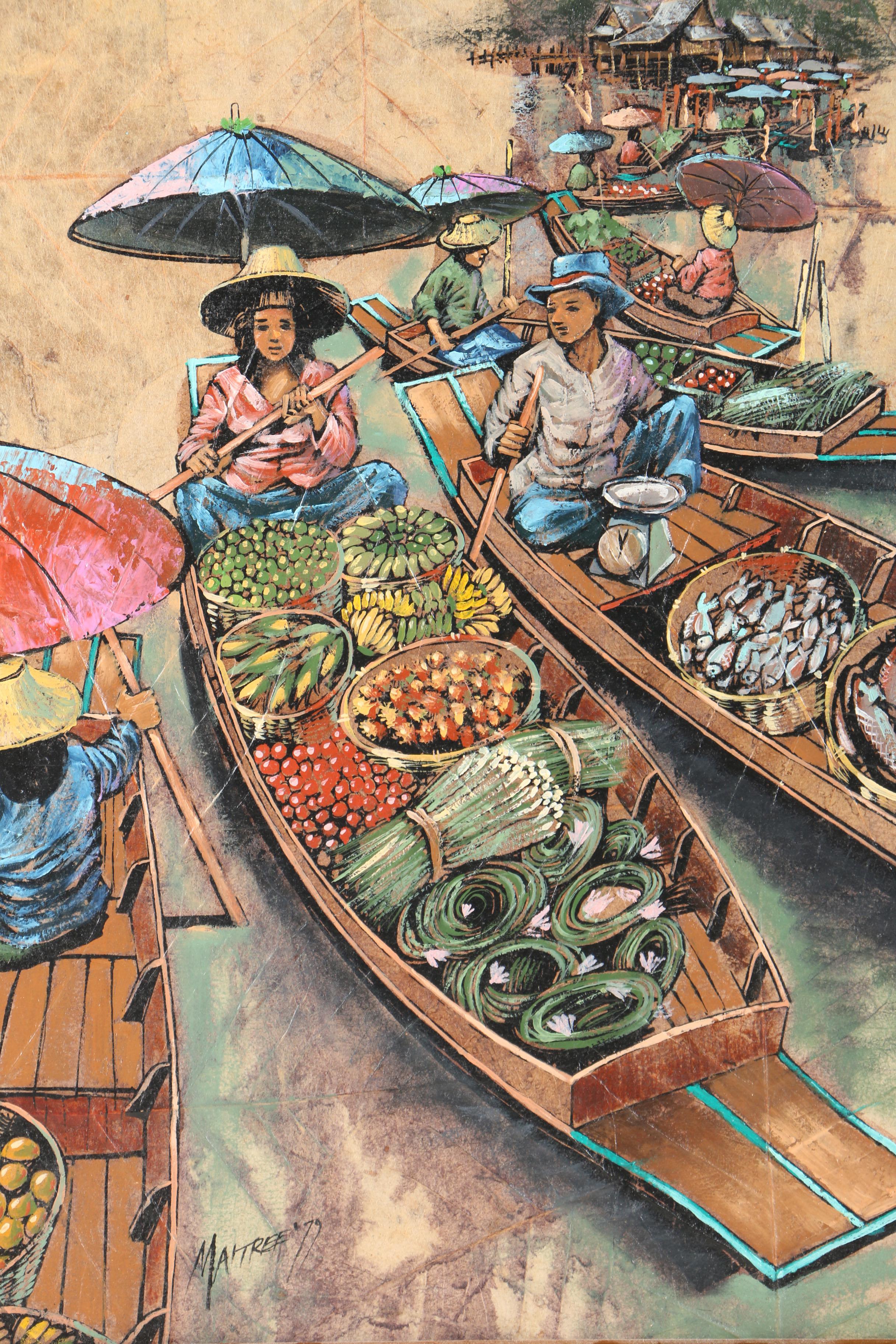 Maitree Juntaroopamai 1979 Oil Painting on Tobacco Leaves