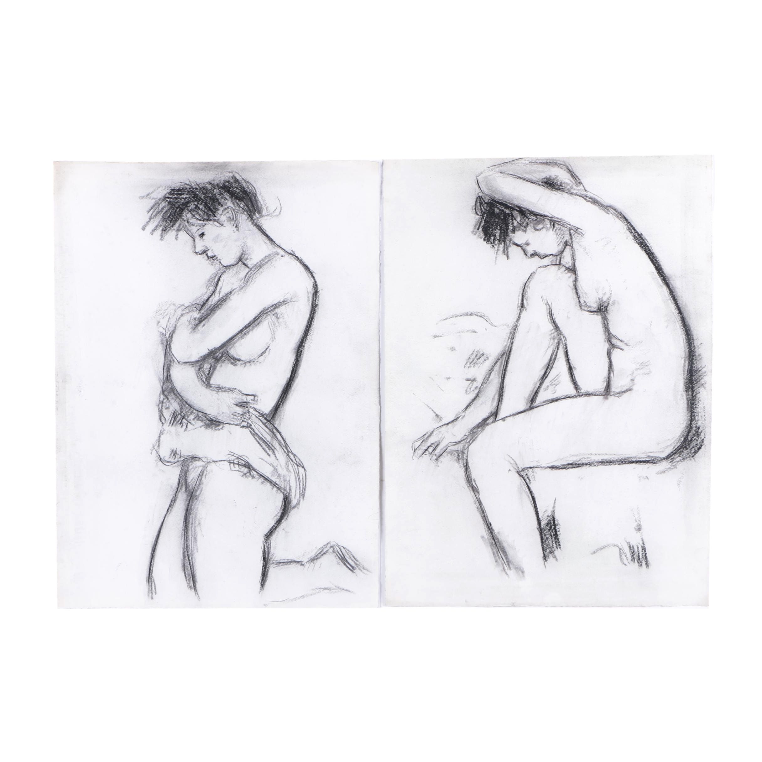 Late 20th-Century Charcoal Drawings of Female Nudes
