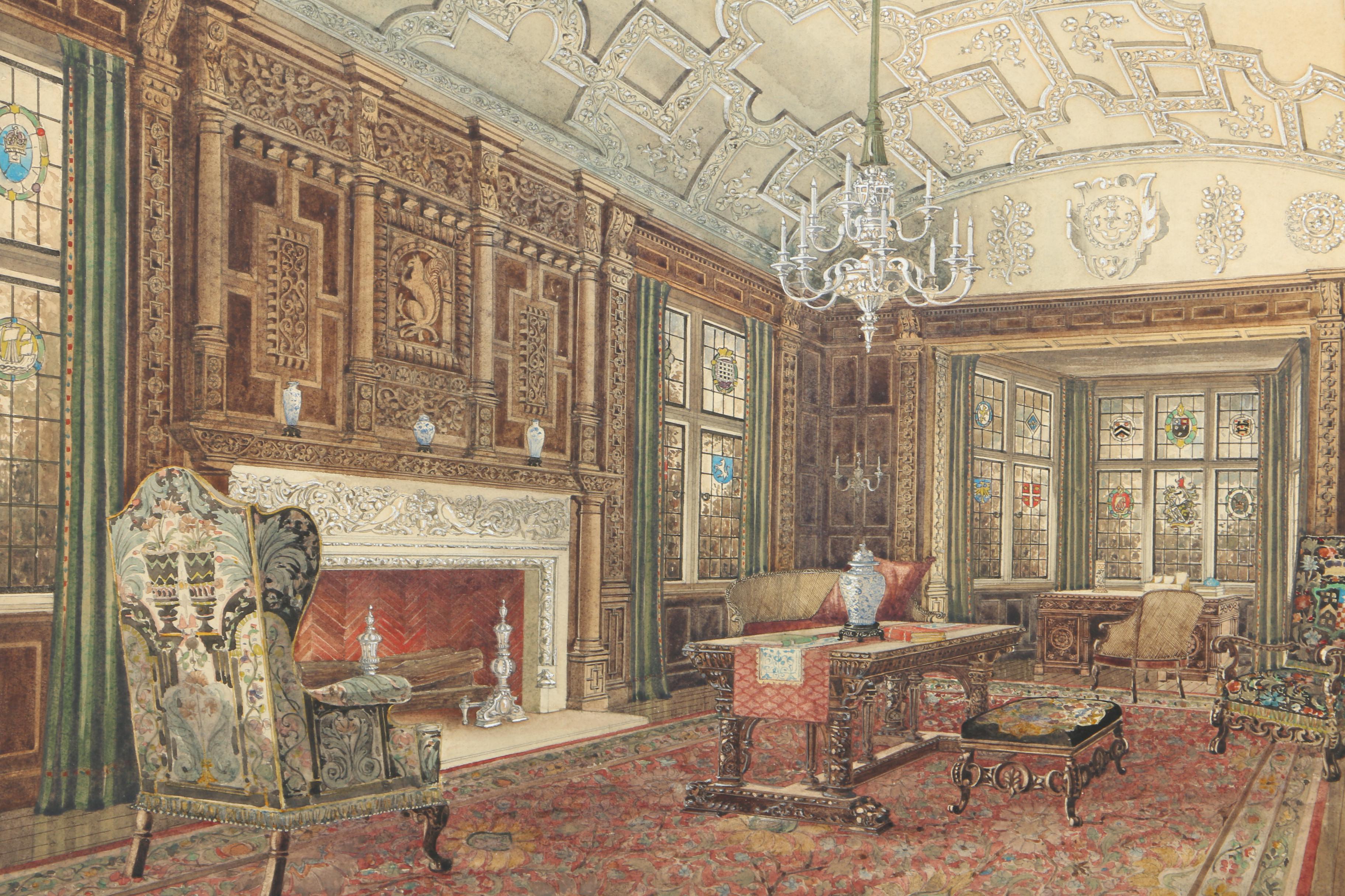 Fay Elizabeth Davis Watercolor Painting on Paper of Lavish Interior Scene