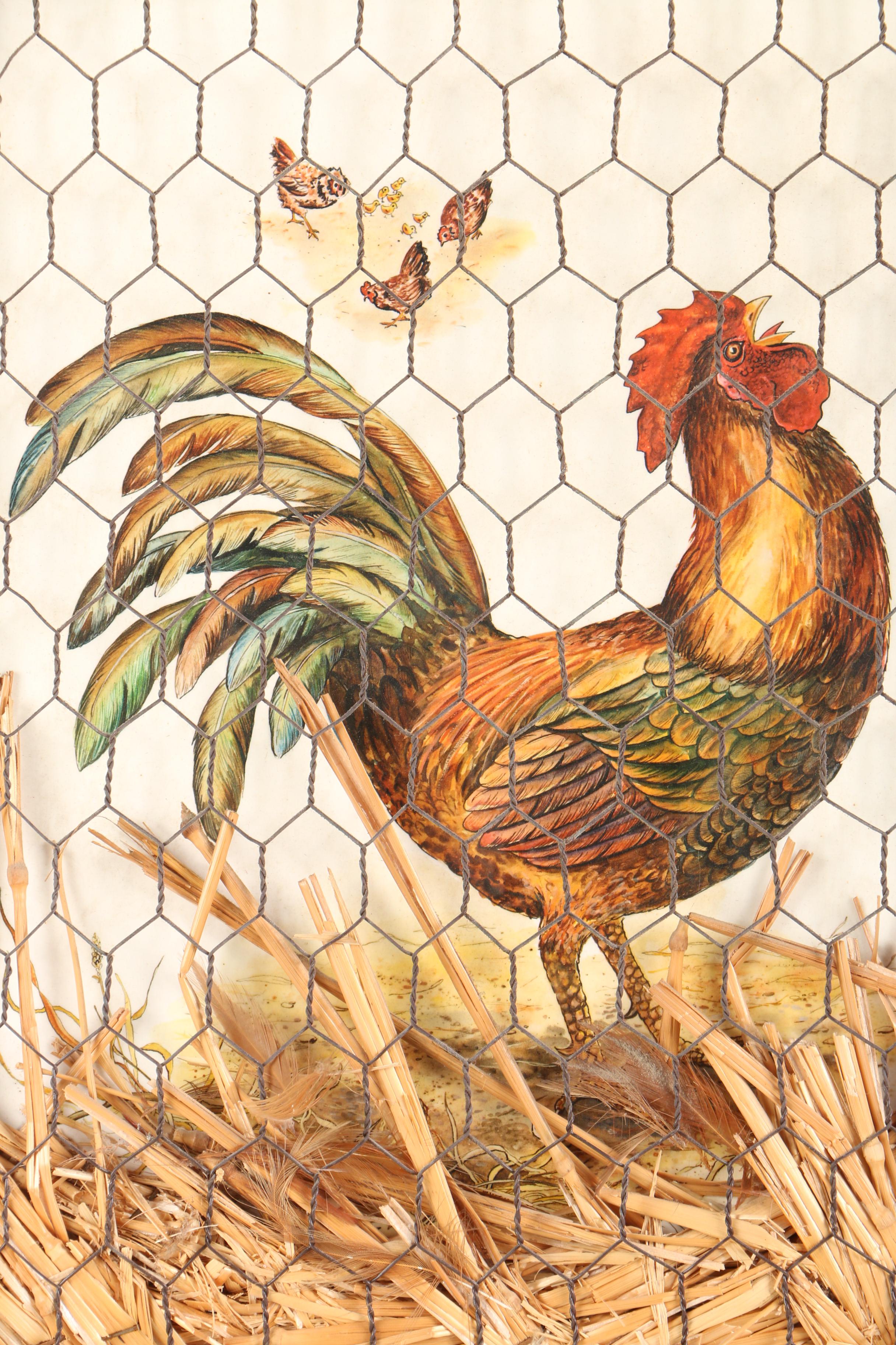 Offset Lithograph on Paper with Chicken Wire, Straw, and Feathers of a Rooster