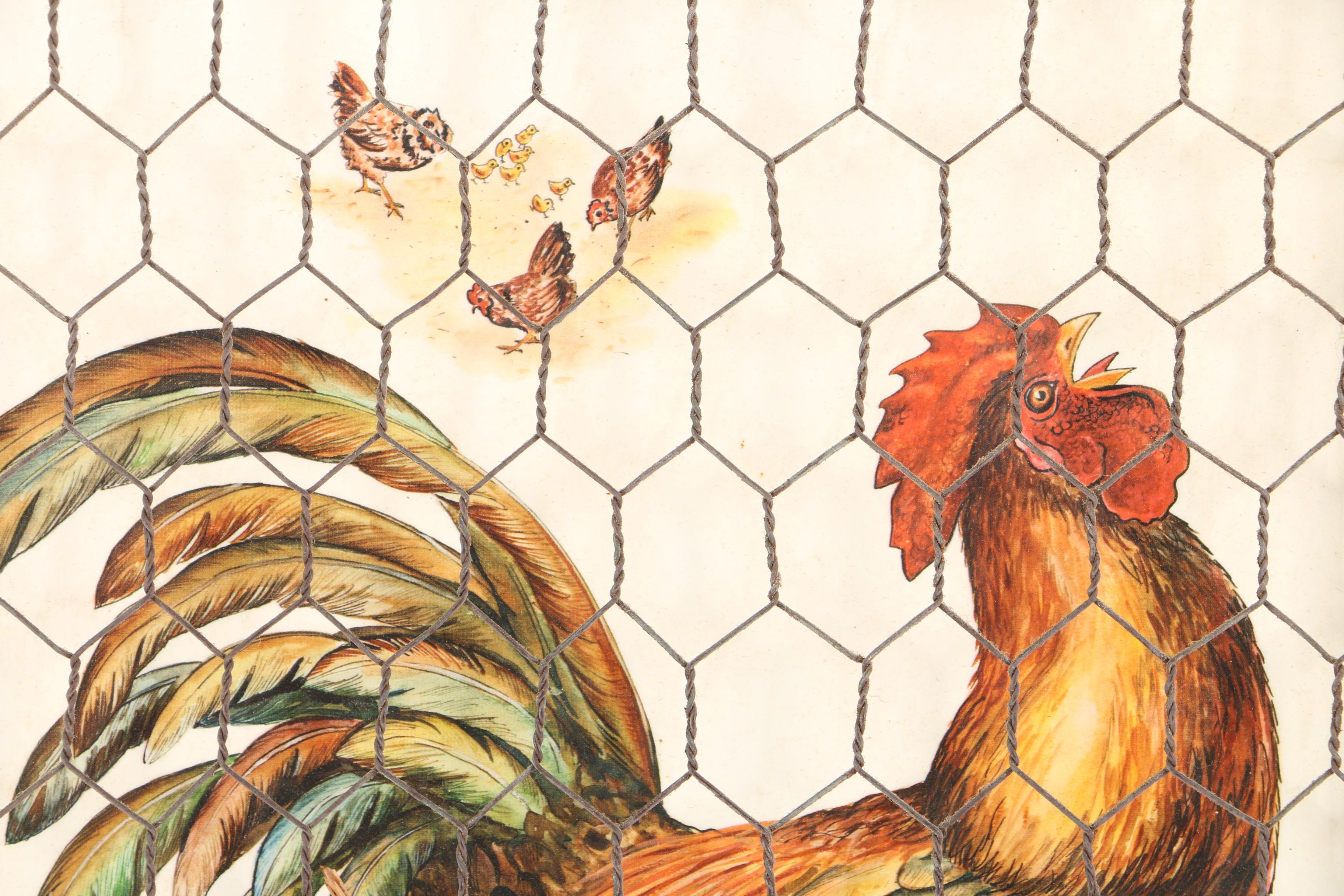 Offset Lithograph on Paper with Chicken Wire, Straw, and Feathers of a Rooster