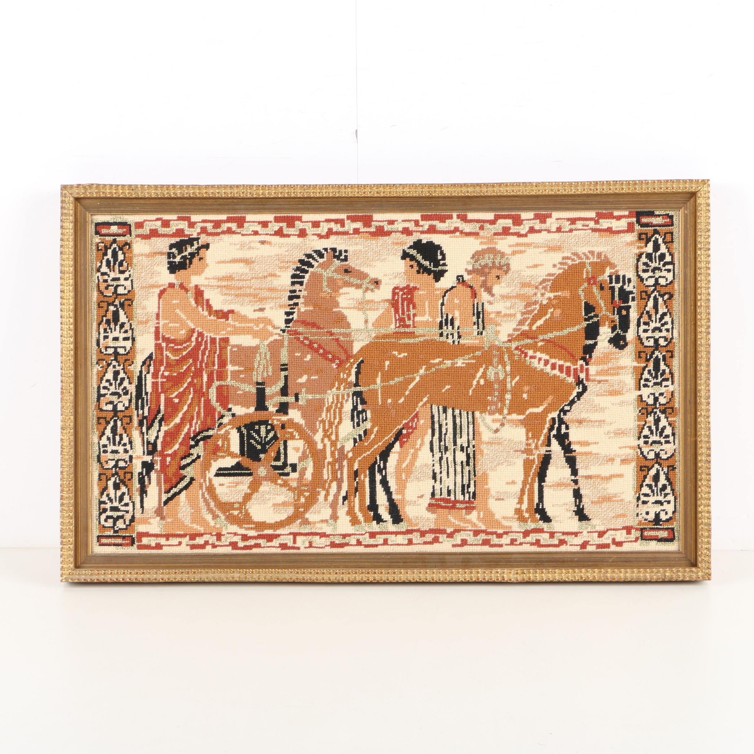 Needlepoint of Greco-Roman Style Chariot, Figures, and Horses