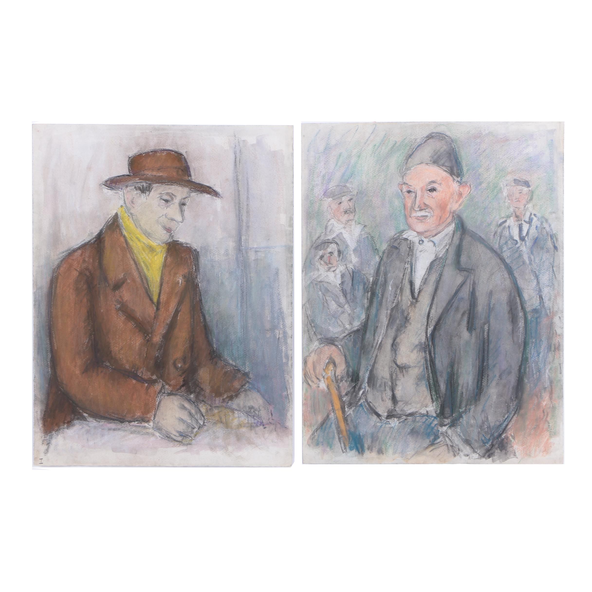 Watercolor and Pastel Portraits on Paper of Old Men