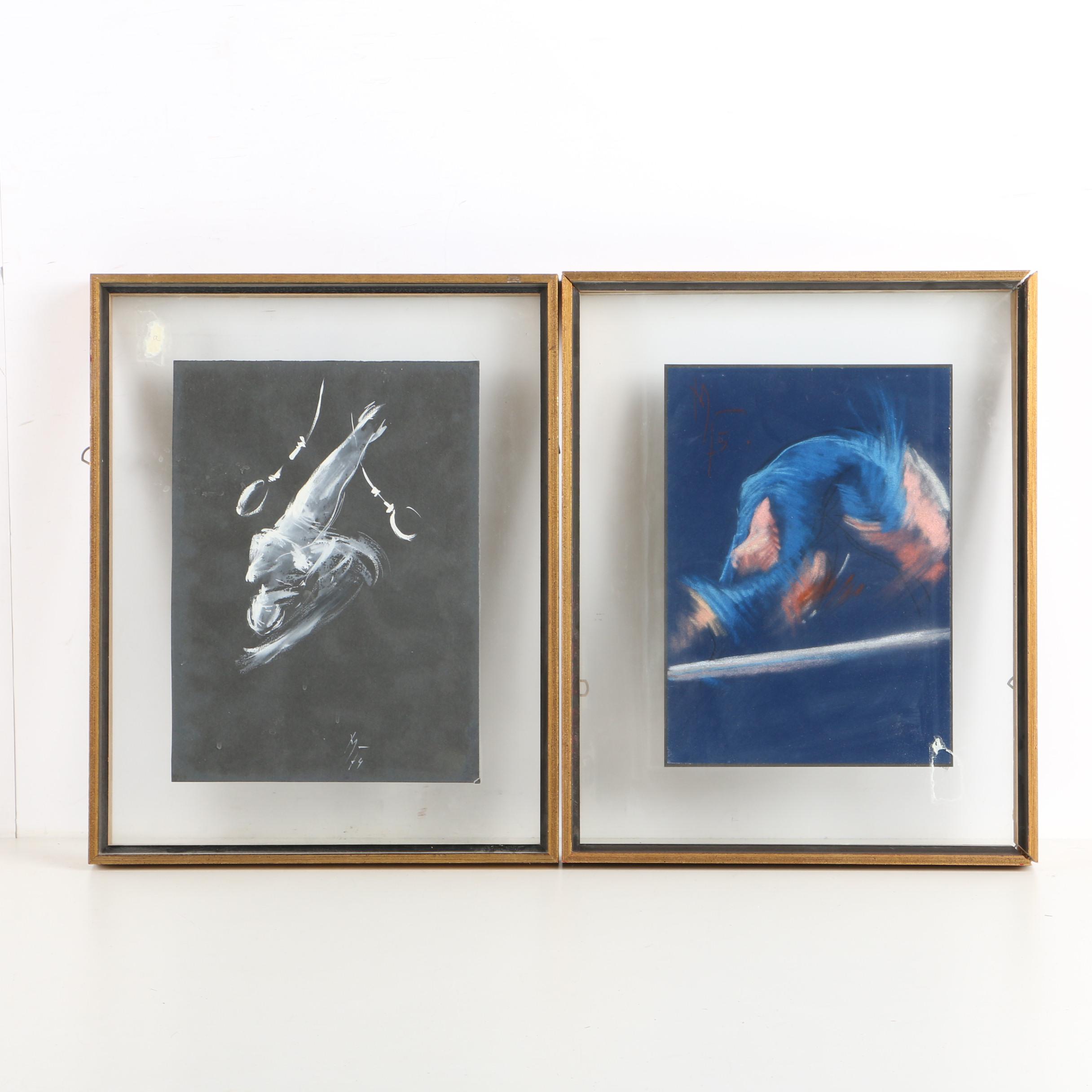 Abstract Ink and Pastel Drawings on Dark Paper