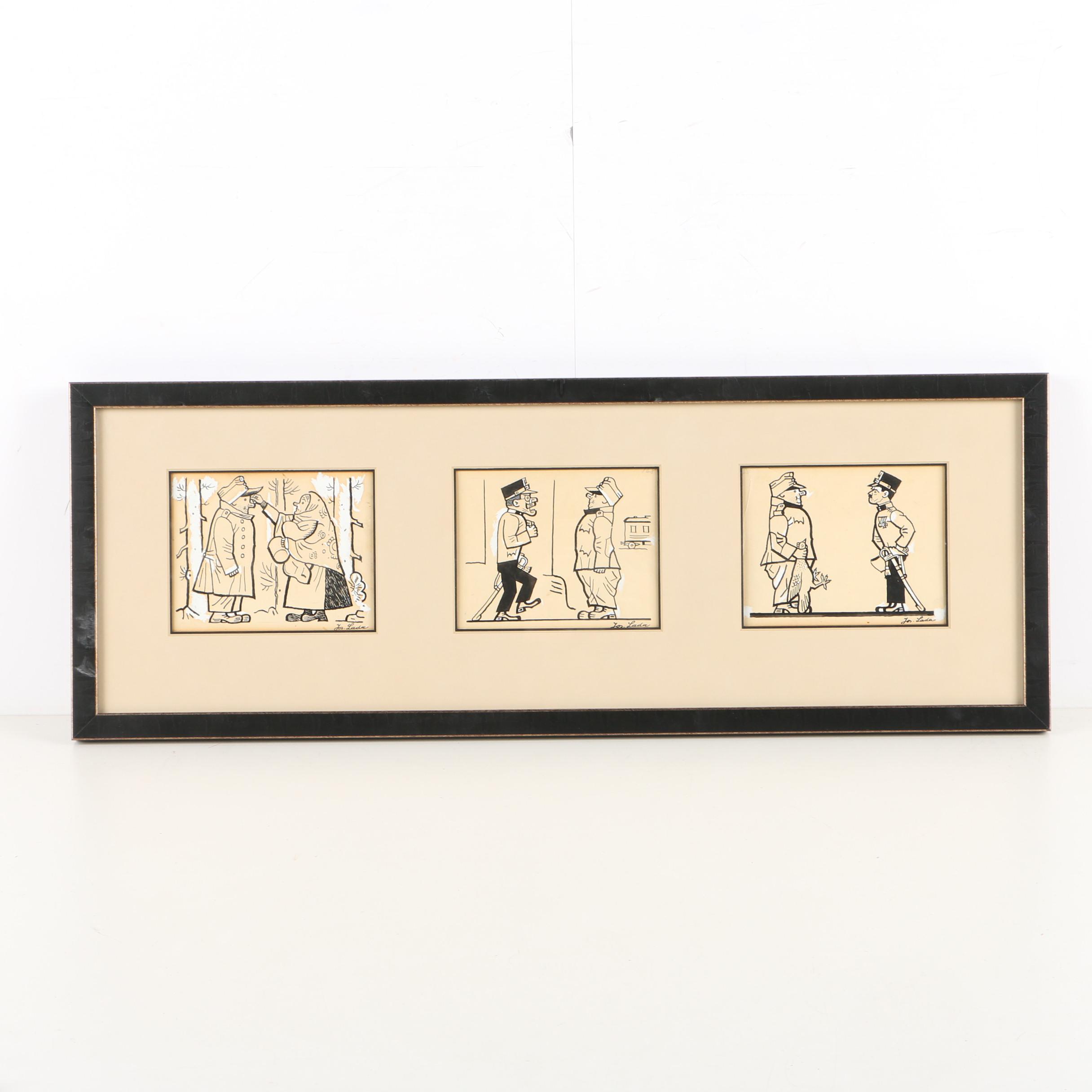 Josef Lada Cartoon Ink Drawings on Paper for "The Good Soldier Svejk"