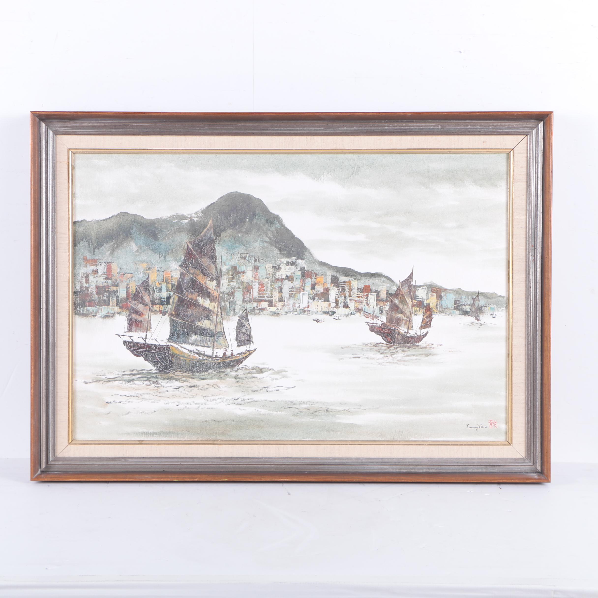 Kenny Tam Oil Painting on Canvas of Chinese Junks
