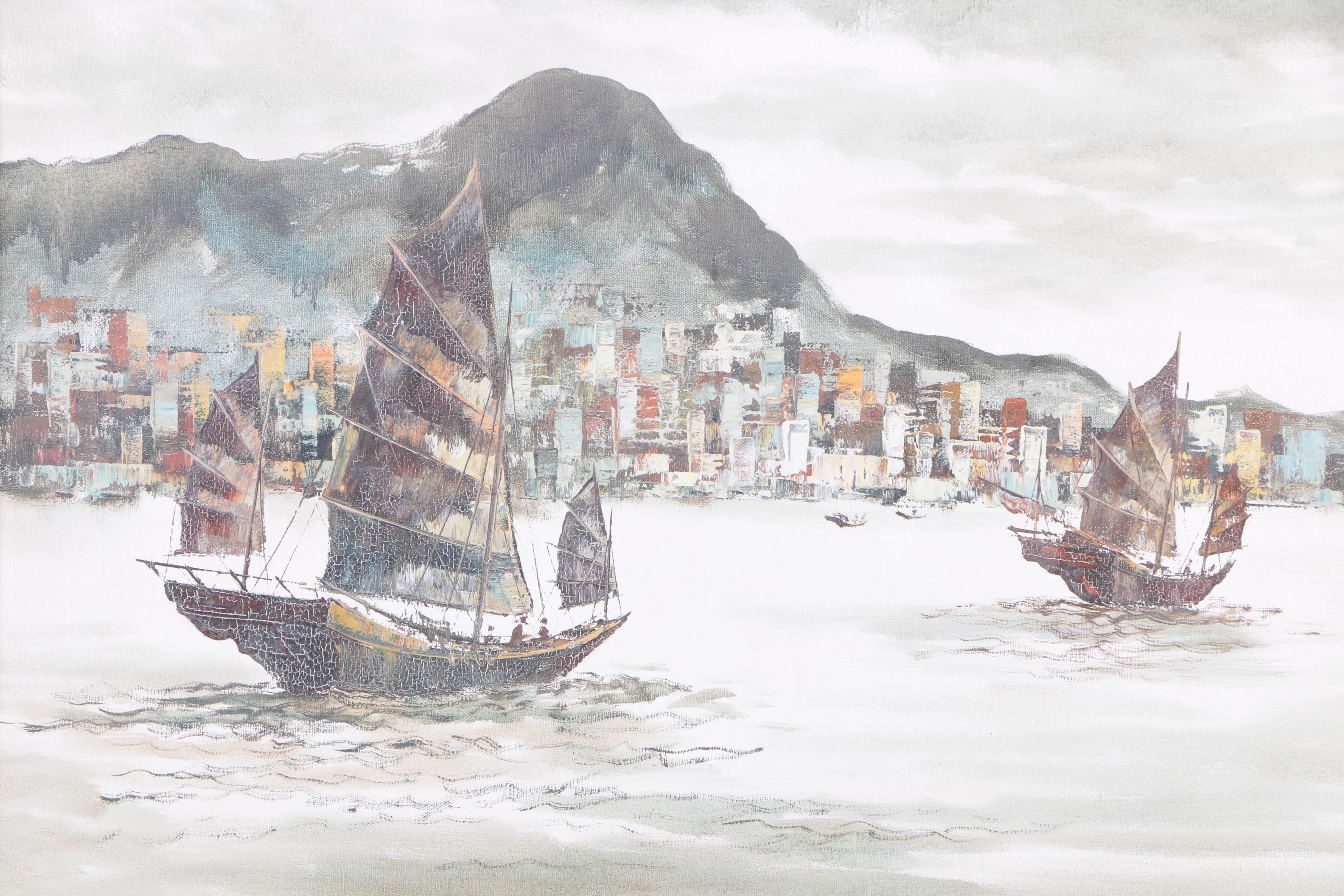 Kenny Tam Oil Painting on Canvas of Chinese Junks