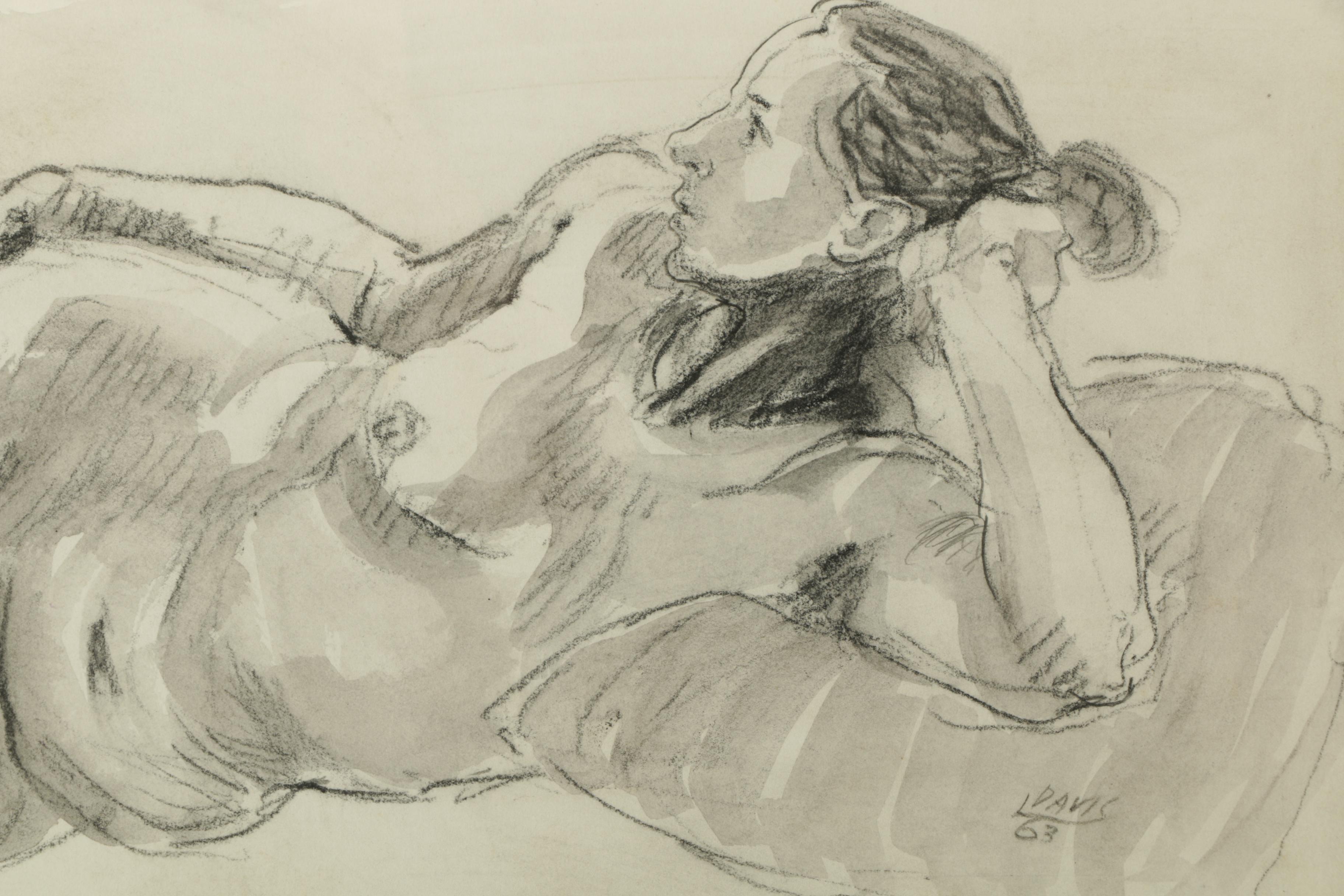 1963 Lois Davis Mixed Media Drawing of Nude Woman