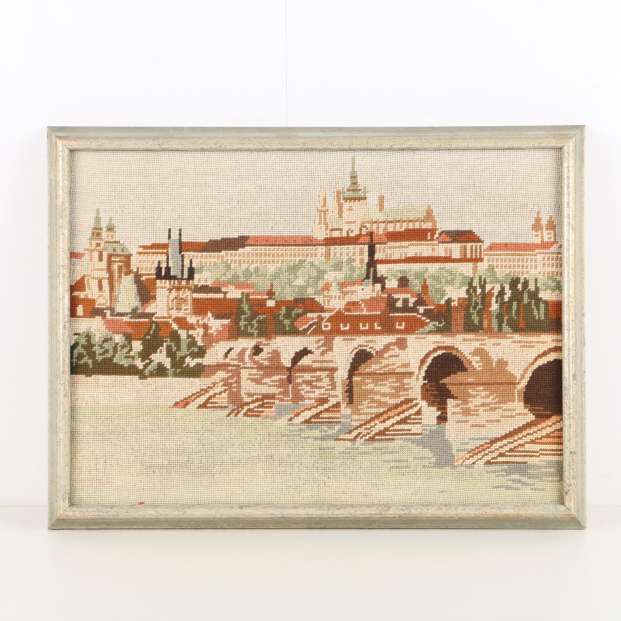 Framed Needlepoint of Czech Republic's Historic Charles Bridge