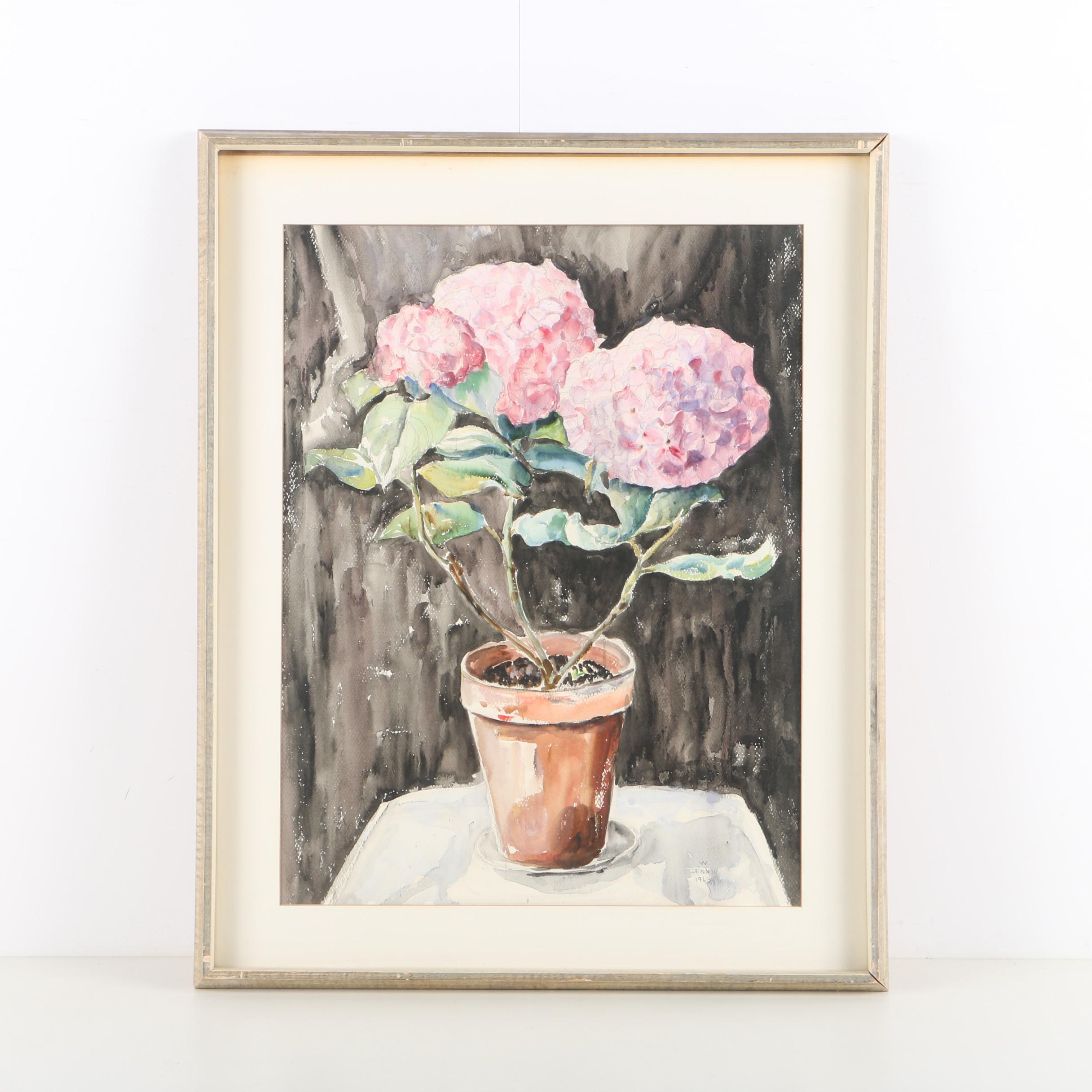 W. Dennie Watercolor Painting on Paper of Hydrangeas