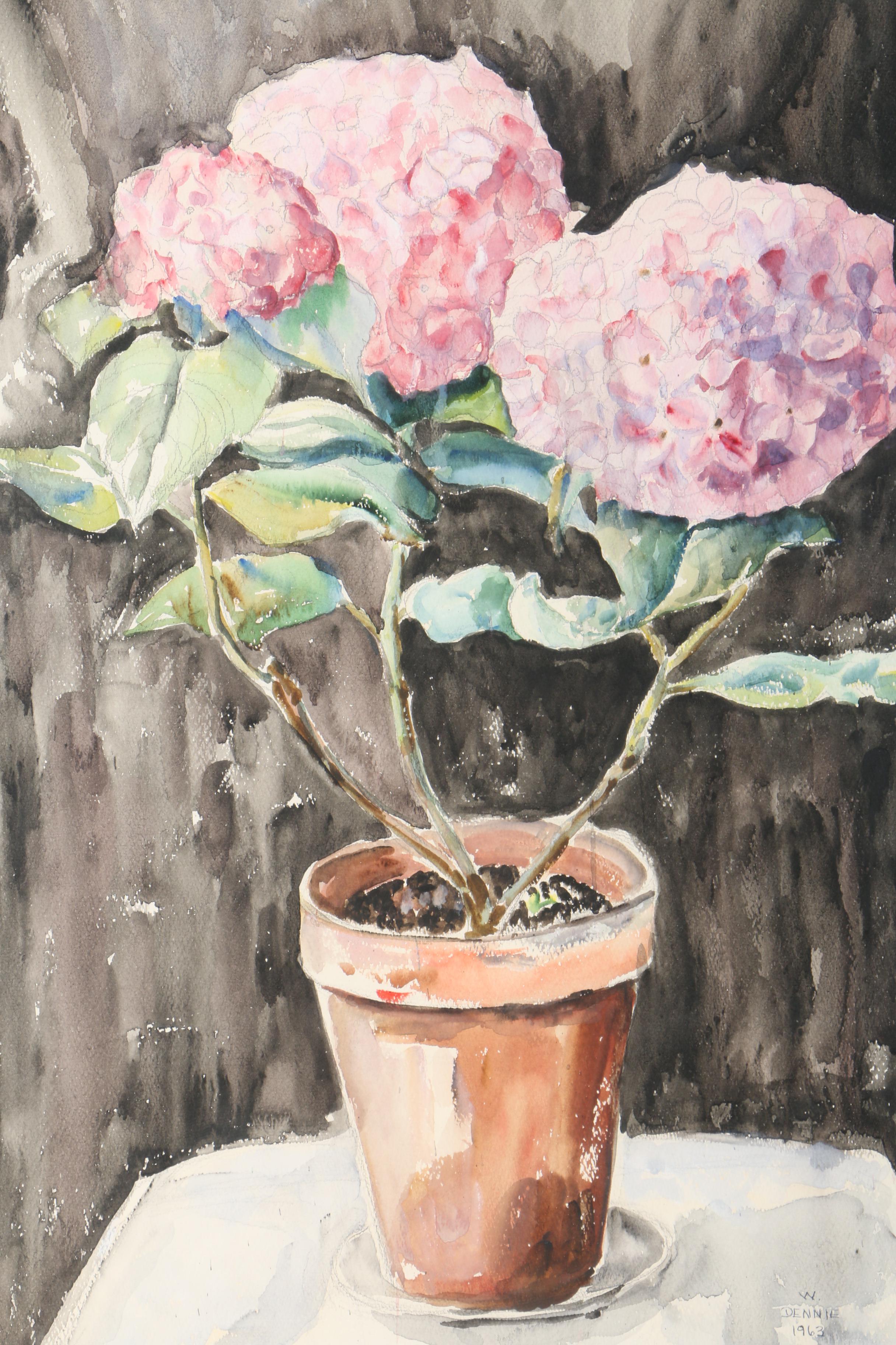 W. Dennie Watercolor Painting on Paper of Hydrangeas