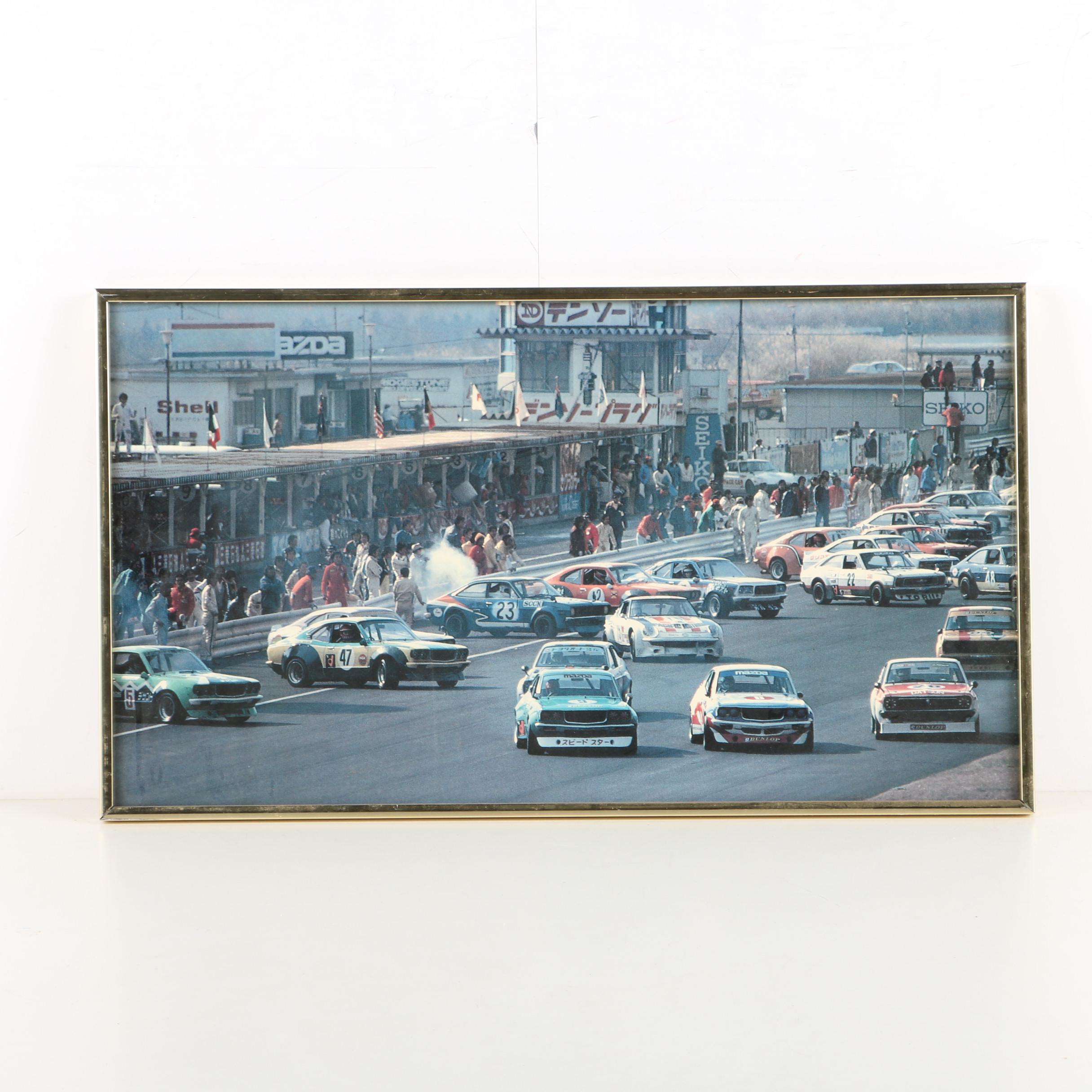 Offset Lithograph Print of Auto Racing Scene