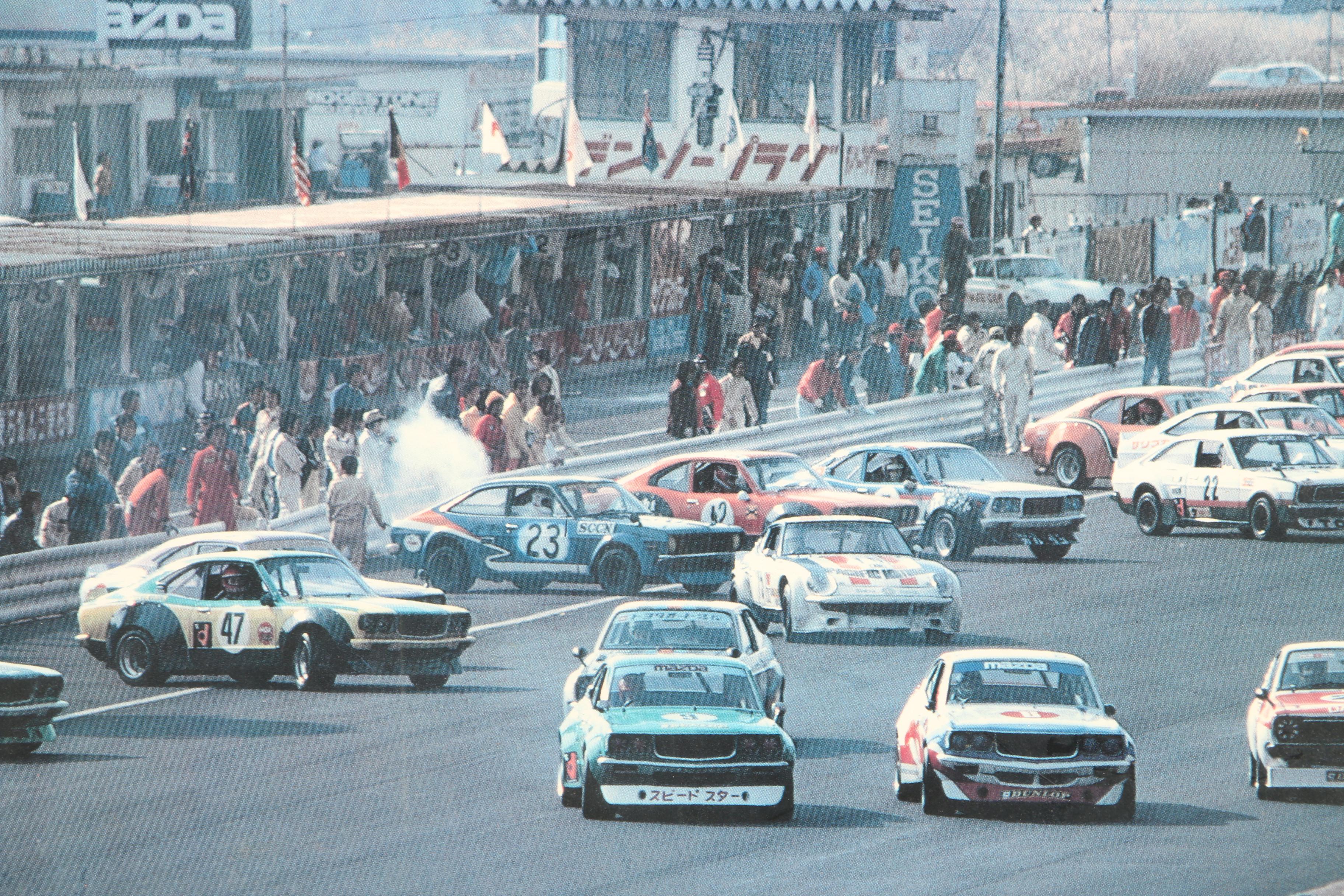 Offset Lithograph Print of Auto Racing Scene