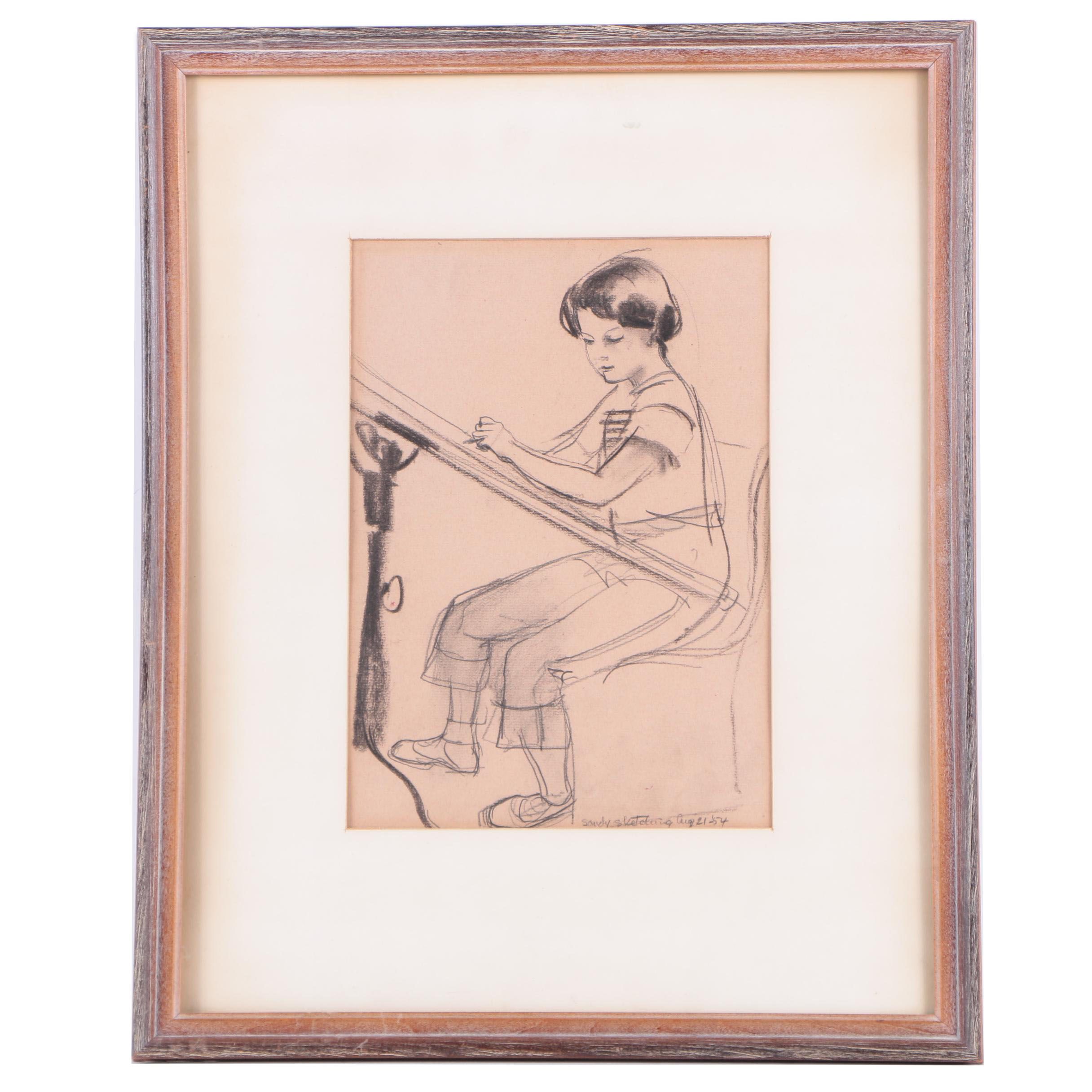 1954 Charcoal Drawing on Paper "Sandy Sketching" Attributed to Albert Wasserman