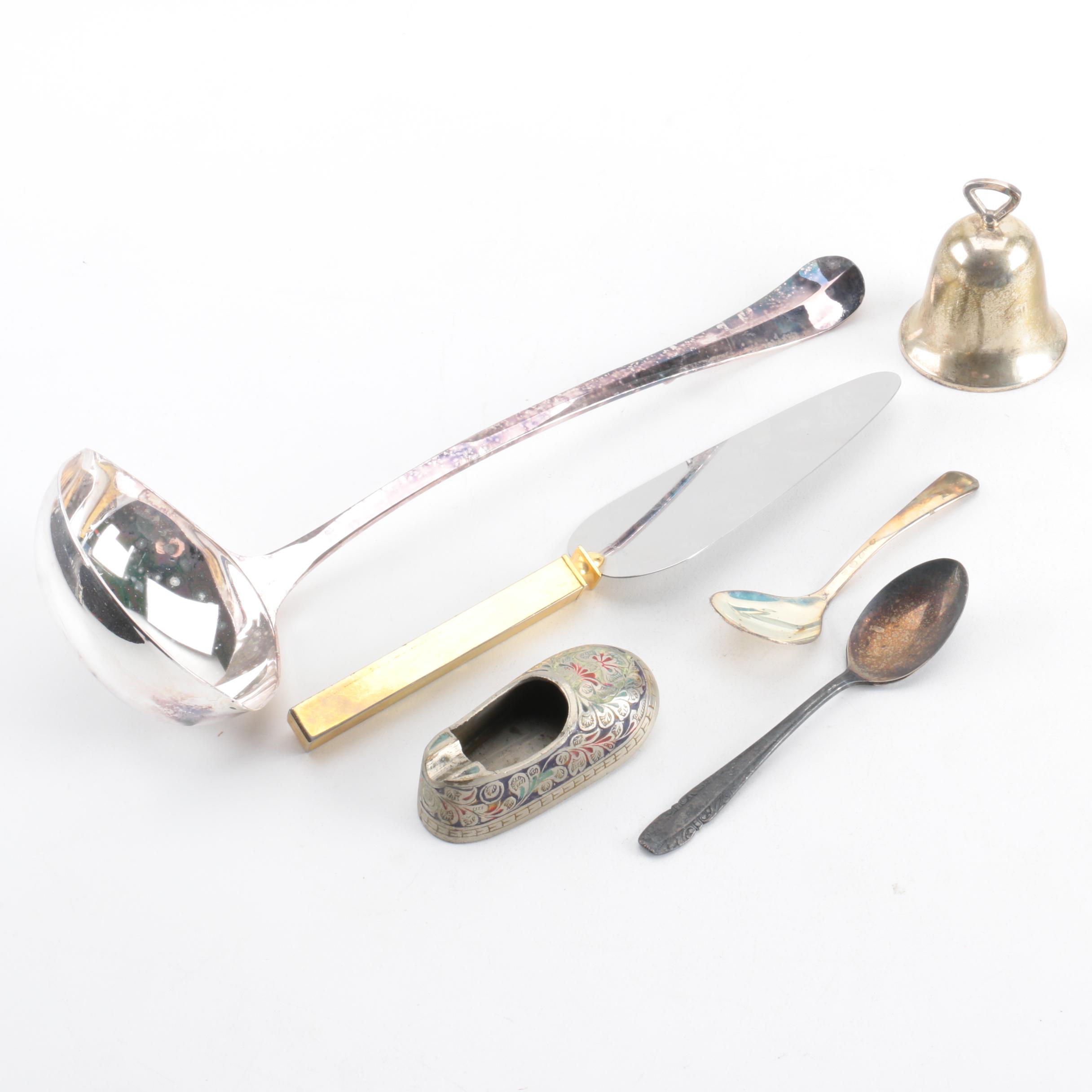 Silver Plate Rattail Handled Ladle, Bell, and Other Flatware